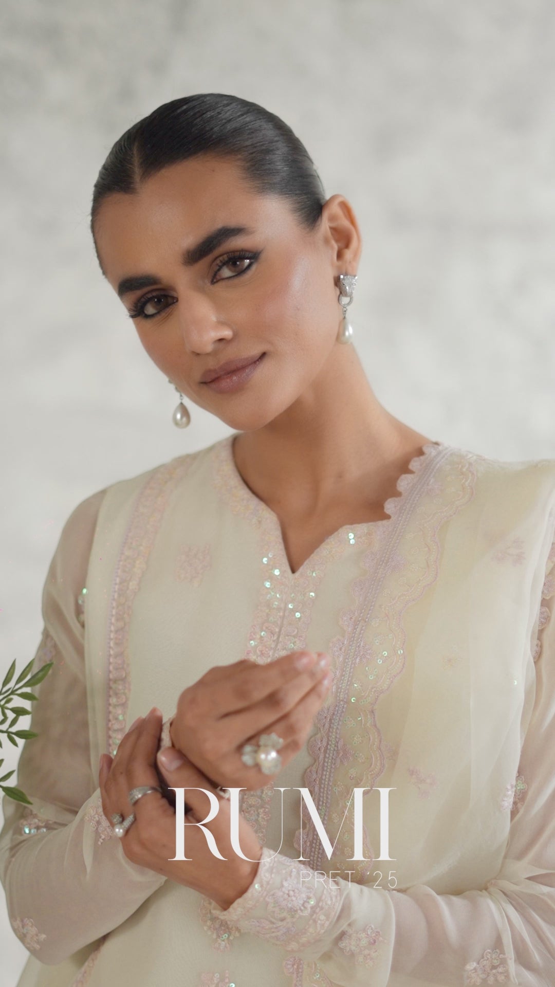 Pakistani Ivory Embroidered Chiffon Salwar Kameez (3-Piece) - Image 11