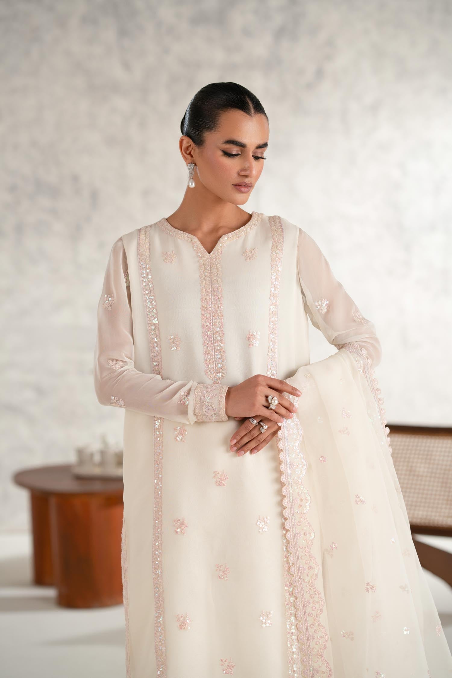 Pakistani Ivory Embroidered Chiffon Salwar Kameez (3-Piece) - Image 6