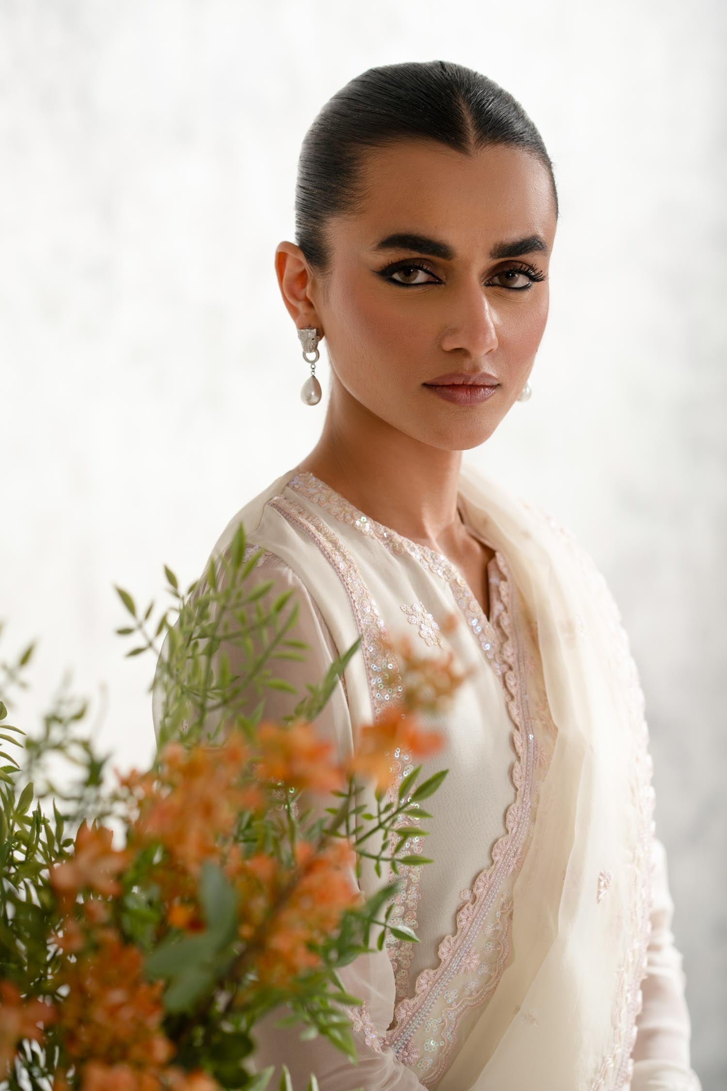 Pakistani Ivory Embroidered Chiffon Salwar Kameez (3-Piece) - Image 8