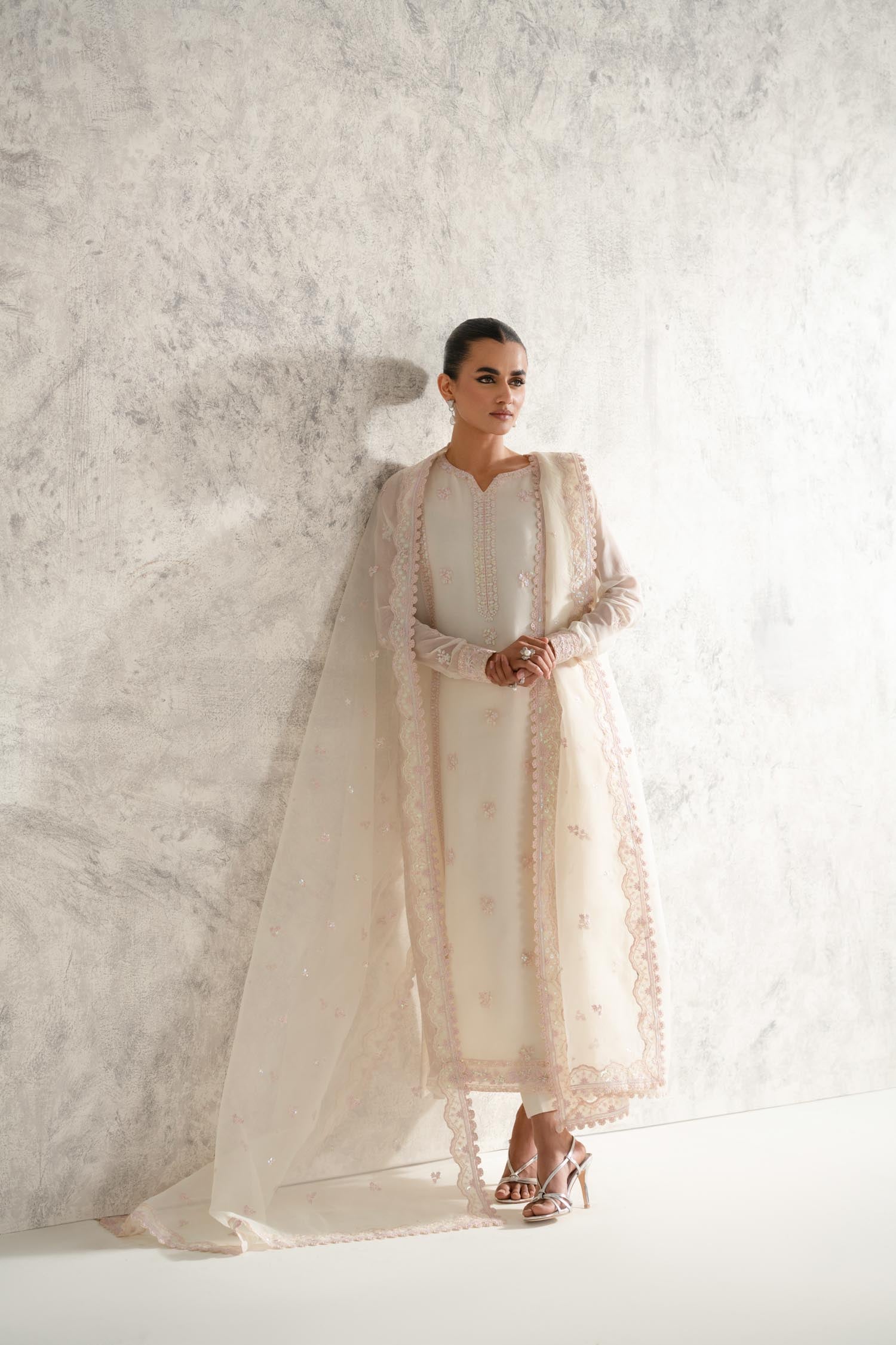Pakistani Ivory Embroidered Chiffon Salwar Kameez (3-Piece) - Image 9