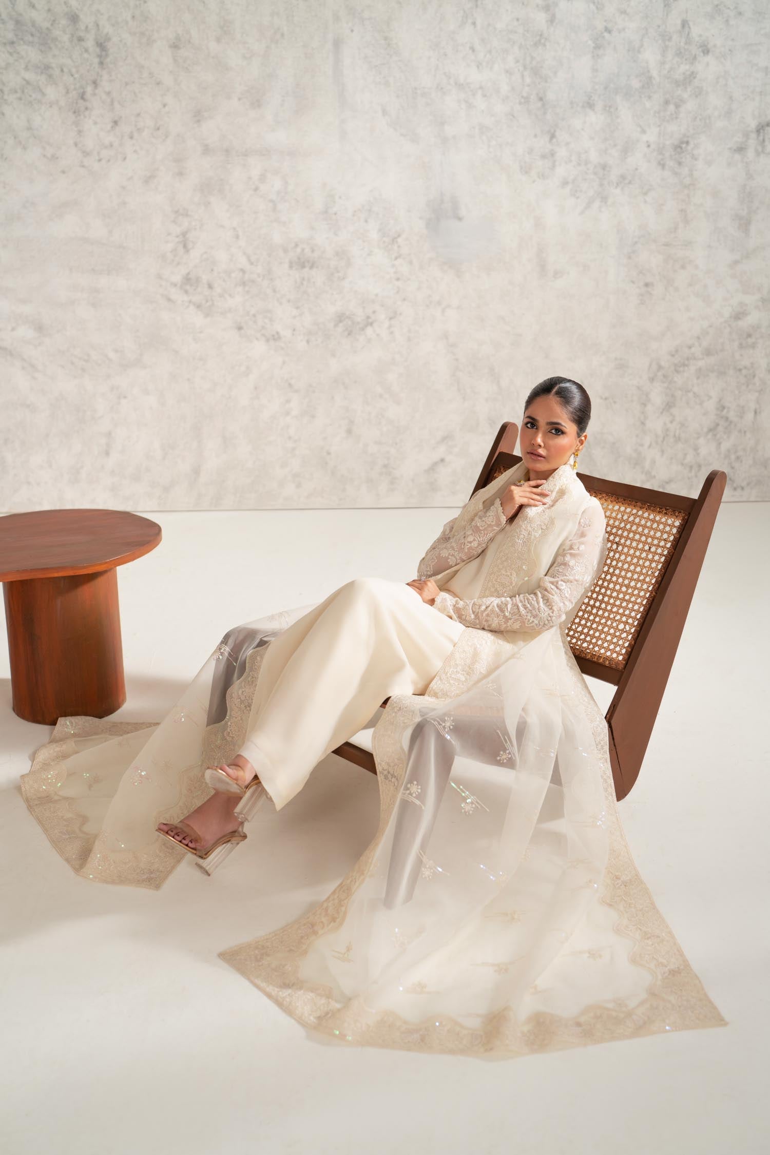 Ivory Embroidered Chiffon Salwar Kameez (3-Piece) - Image 8