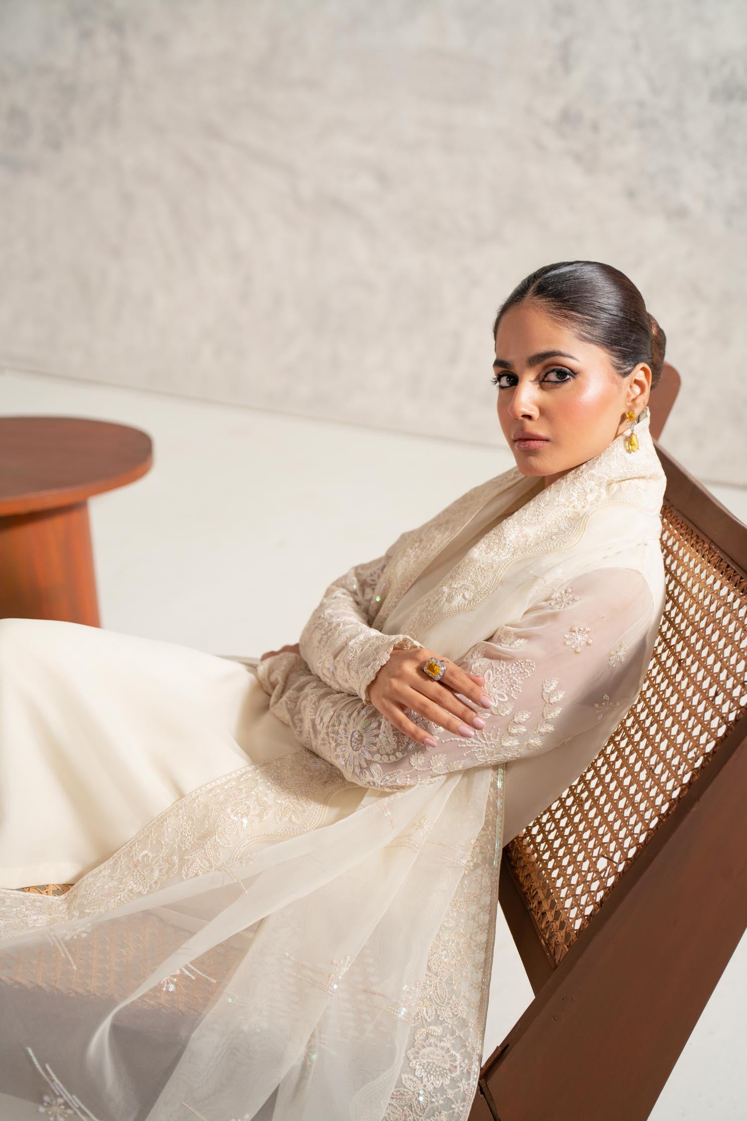 Ivory Embroidered Chiffon Salwar Kameez (3-Piece) - Image 9