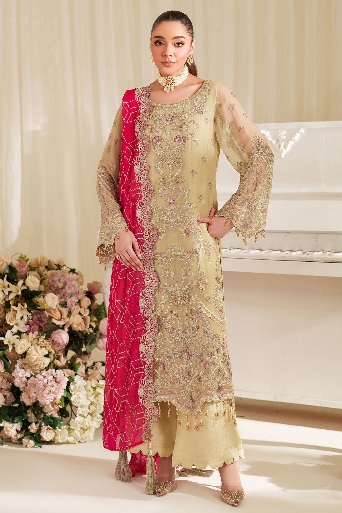 Ivory Green Embroidered Chiffon Salwar Kameez (3-Piece) - Image 1