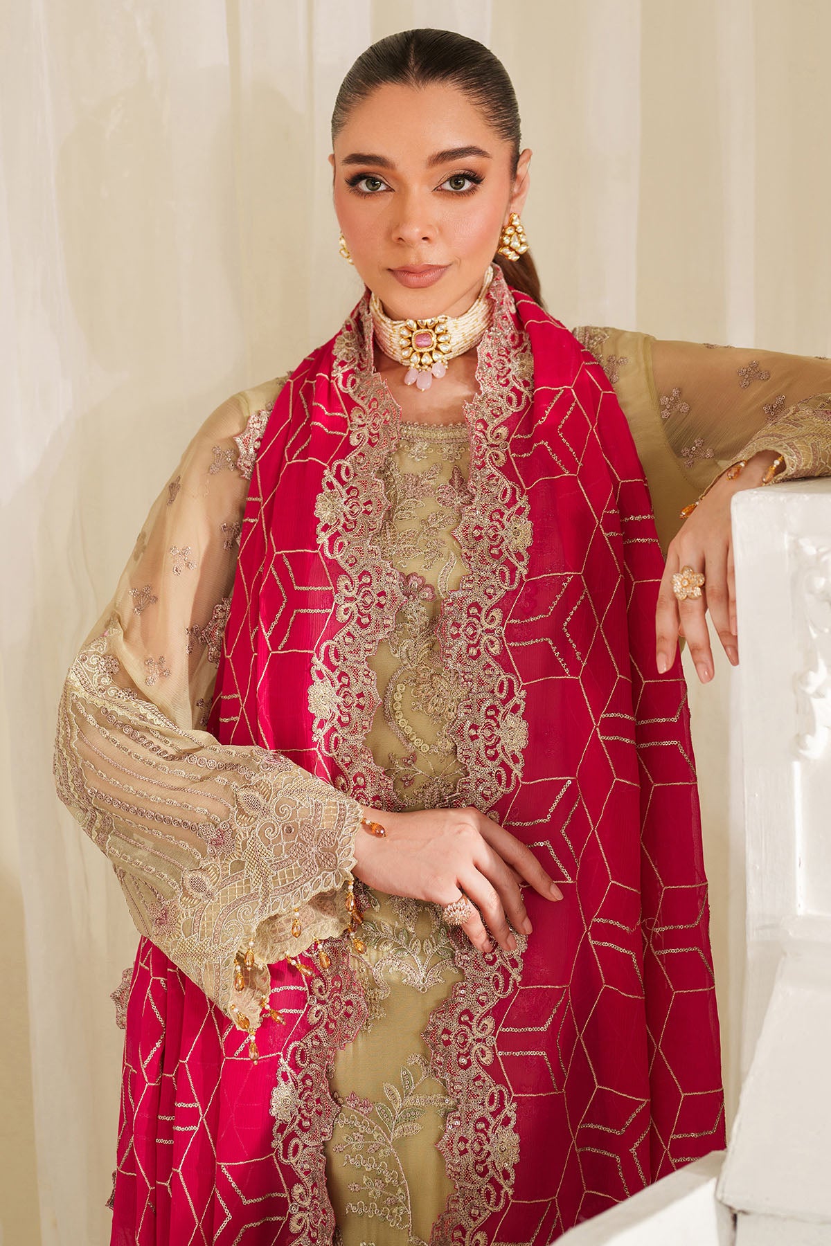 Ivory Green Embroidered Chiffon Salwar Kameez (3-Piece) - Image 4