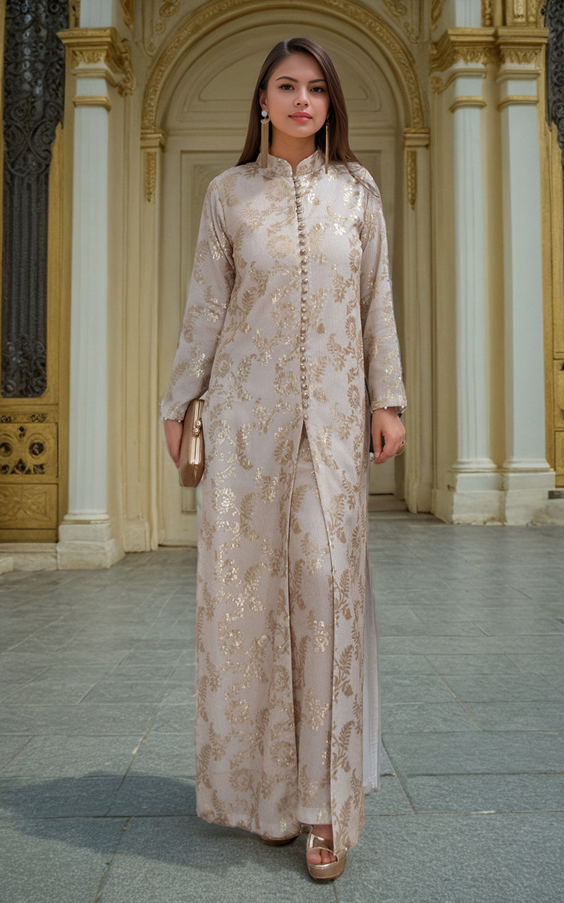 Pakistani Ivory Embroidered Chiffon Jacket & Trouser (2-Piece) - Image 3