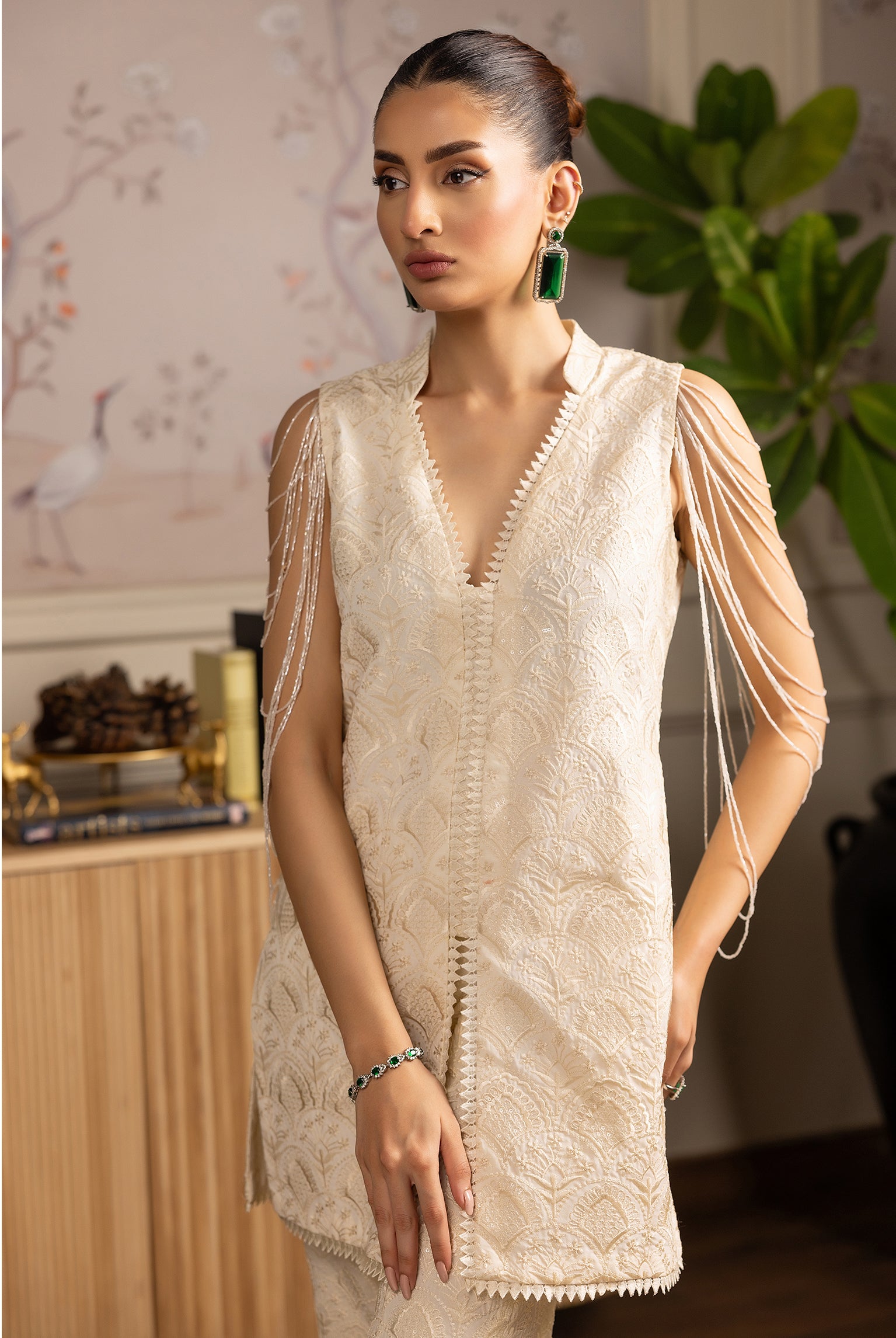 Ivory Embroidered Chiffon Jacket & Trouser (2-Piece) - Image 2