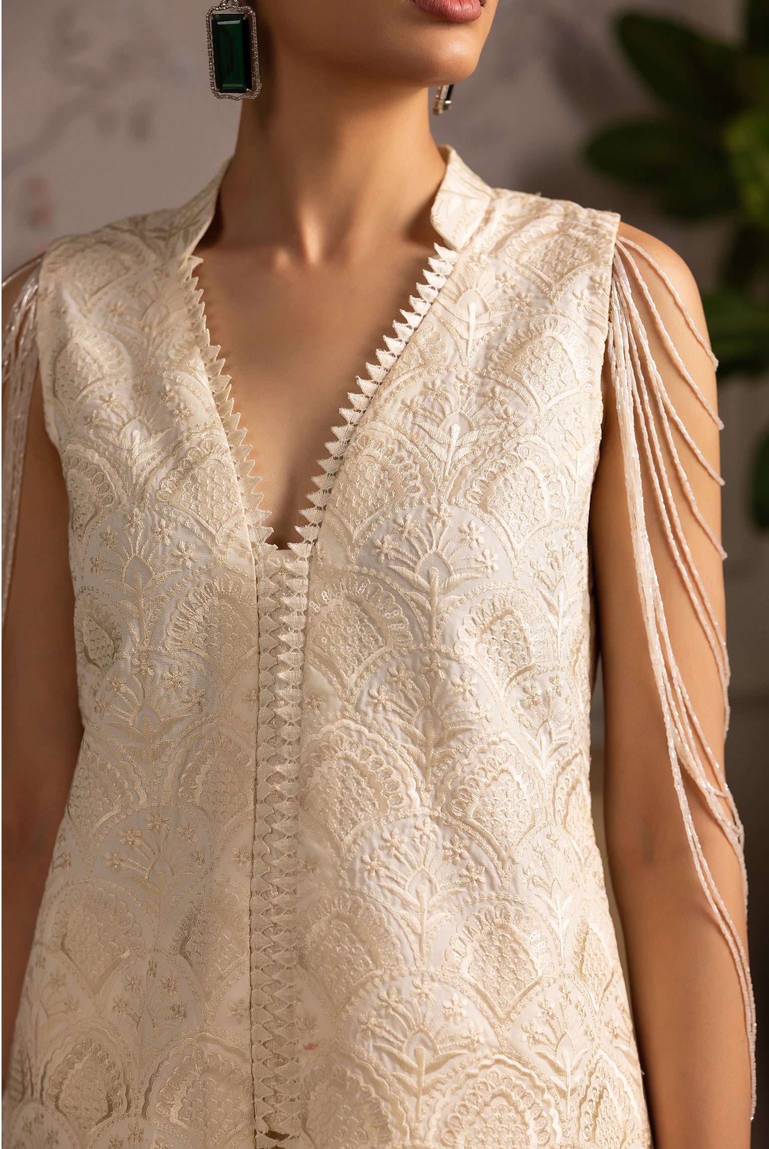 Ivory Embroidered Chiffon Jacket & Trouser (2-Piece) - Image 6