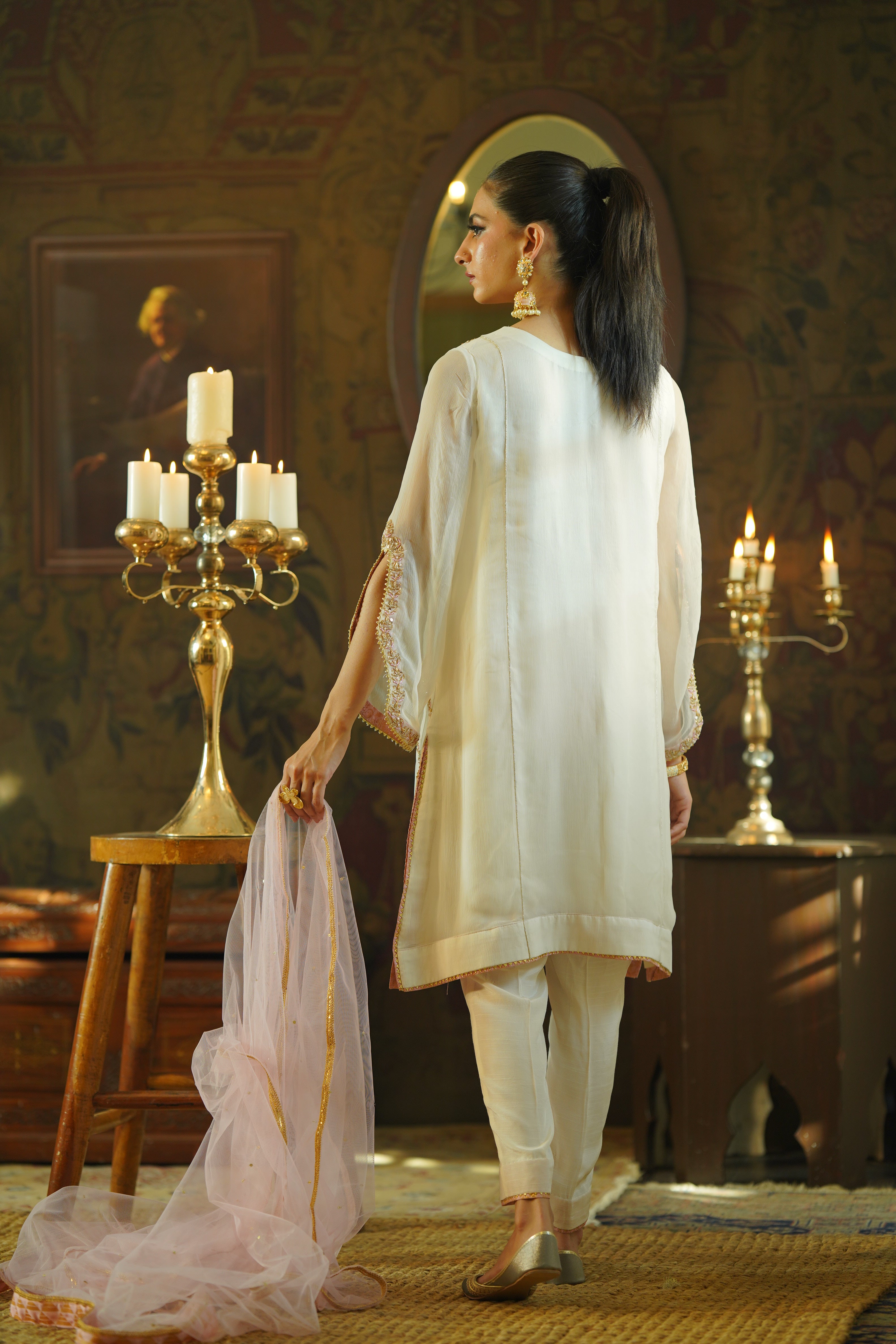 Pakistani Ivory Zardozi Chiffon A-Line Kurta Set (3-Piece) - Image 1