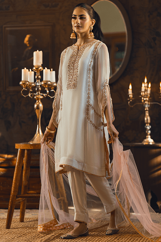 Pakistani Ivory Zardozi Chiffon A-Line Kurta Set (3-Piece) - Image 2