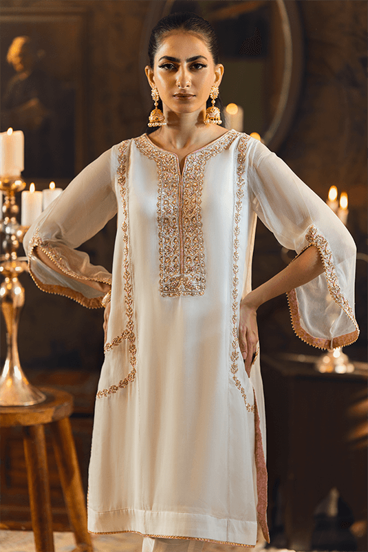 Pakistani Ivory Zardozi Chiffon A-Line Kurta Set (3-Piece) - Image 3