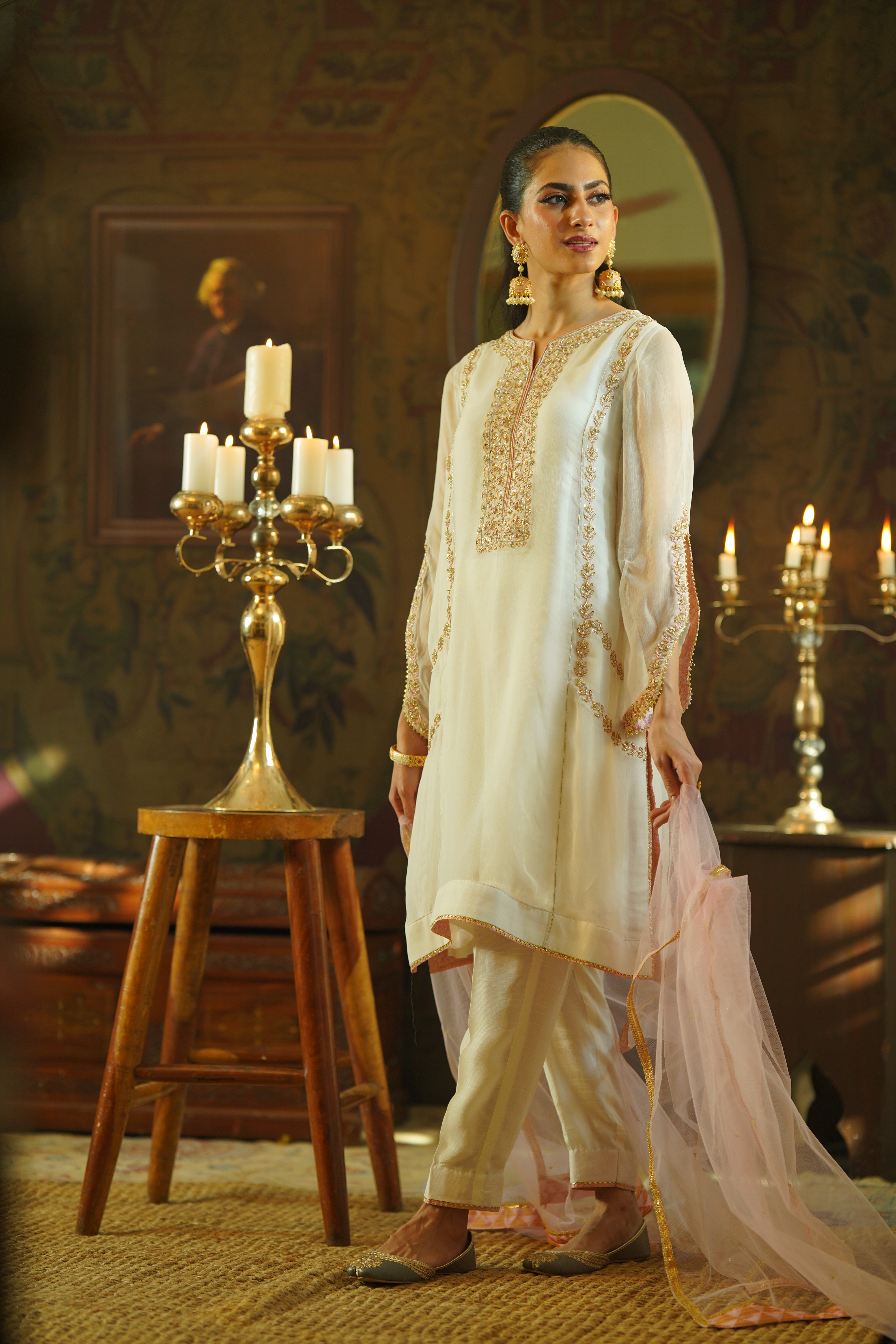 Pakistani Ivory Zardozi Chiffon A-Line Kurta Set (3-Piece) - Image 4