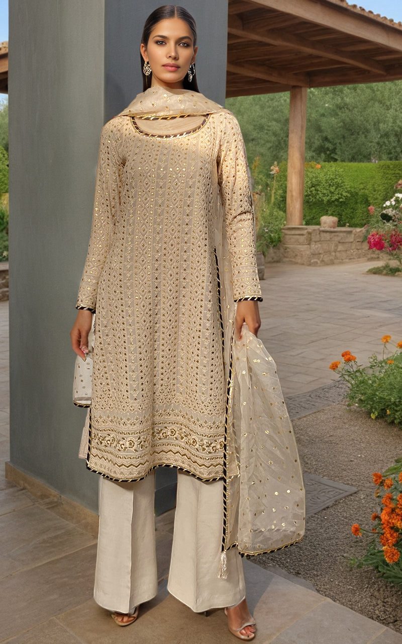 Pakistani Ivory Embroidered Chiffon Salwar Kameez (3-Piece) - Image 2