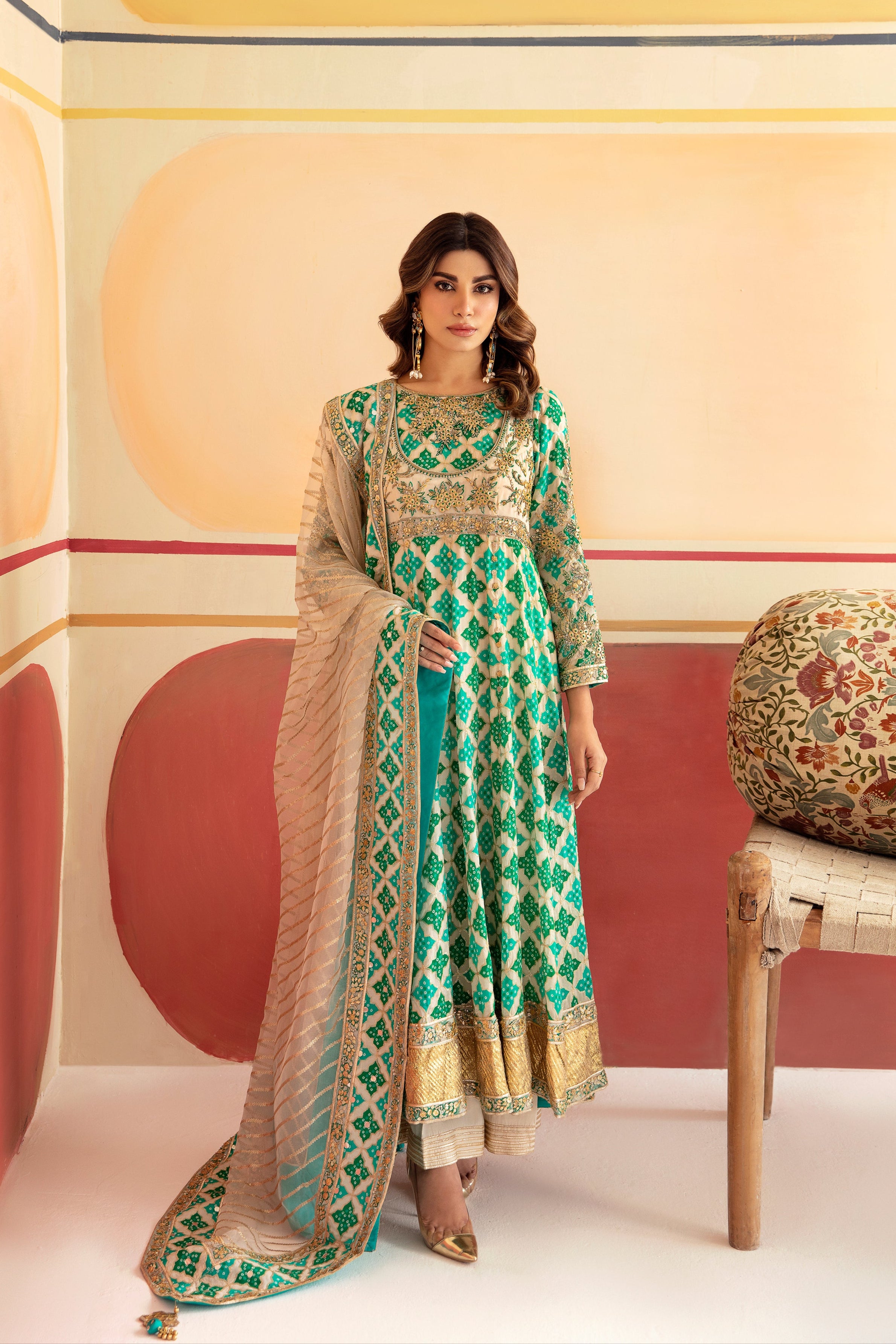 Pakistani Ivory & Emerald Embroidered Chinon Silk Tunic (3-Piece) - Image 1