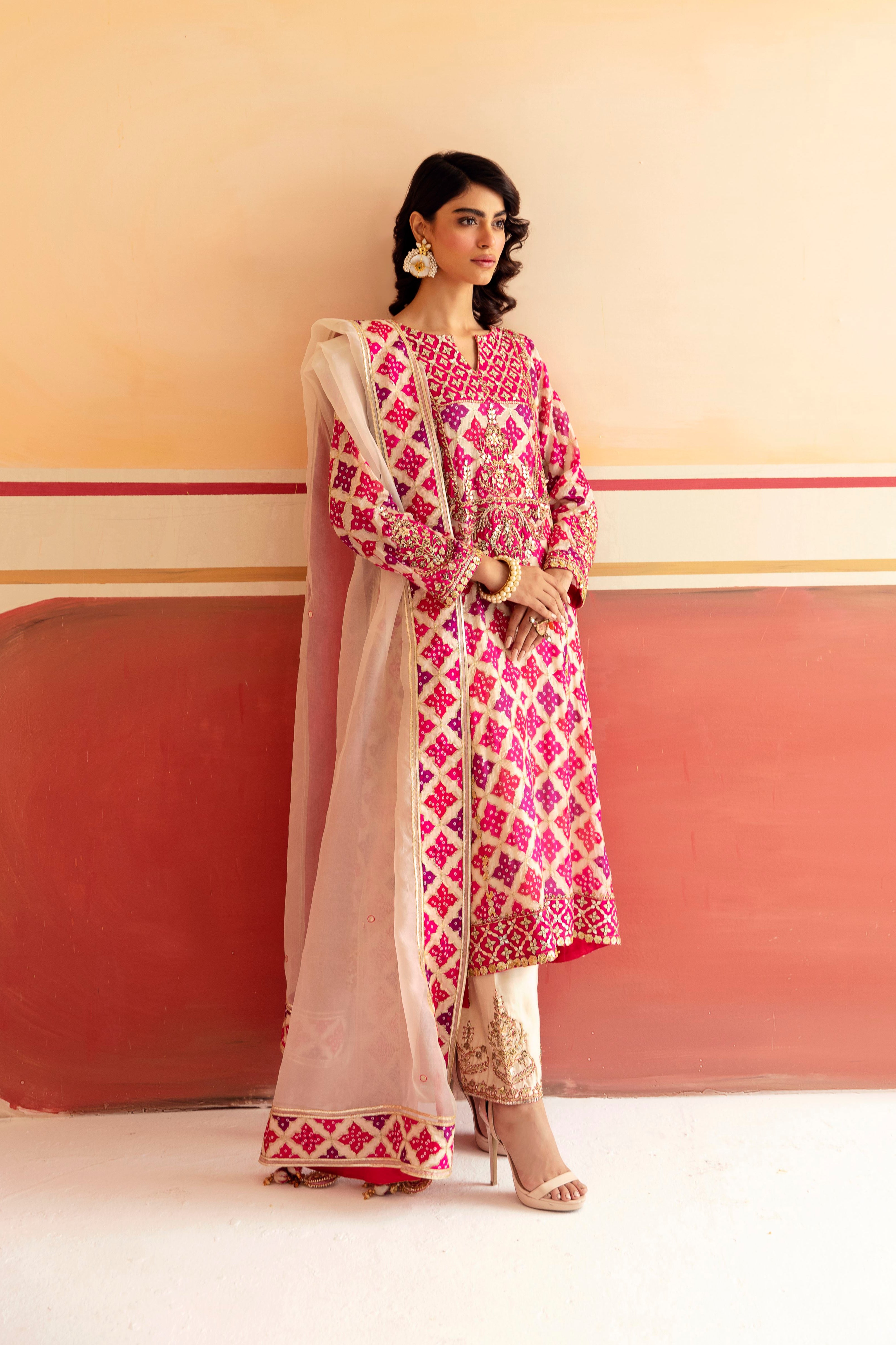 Ivory Pink Embroidered Chinon Silk Salwar Kameez (3-Piece) - Image 2
