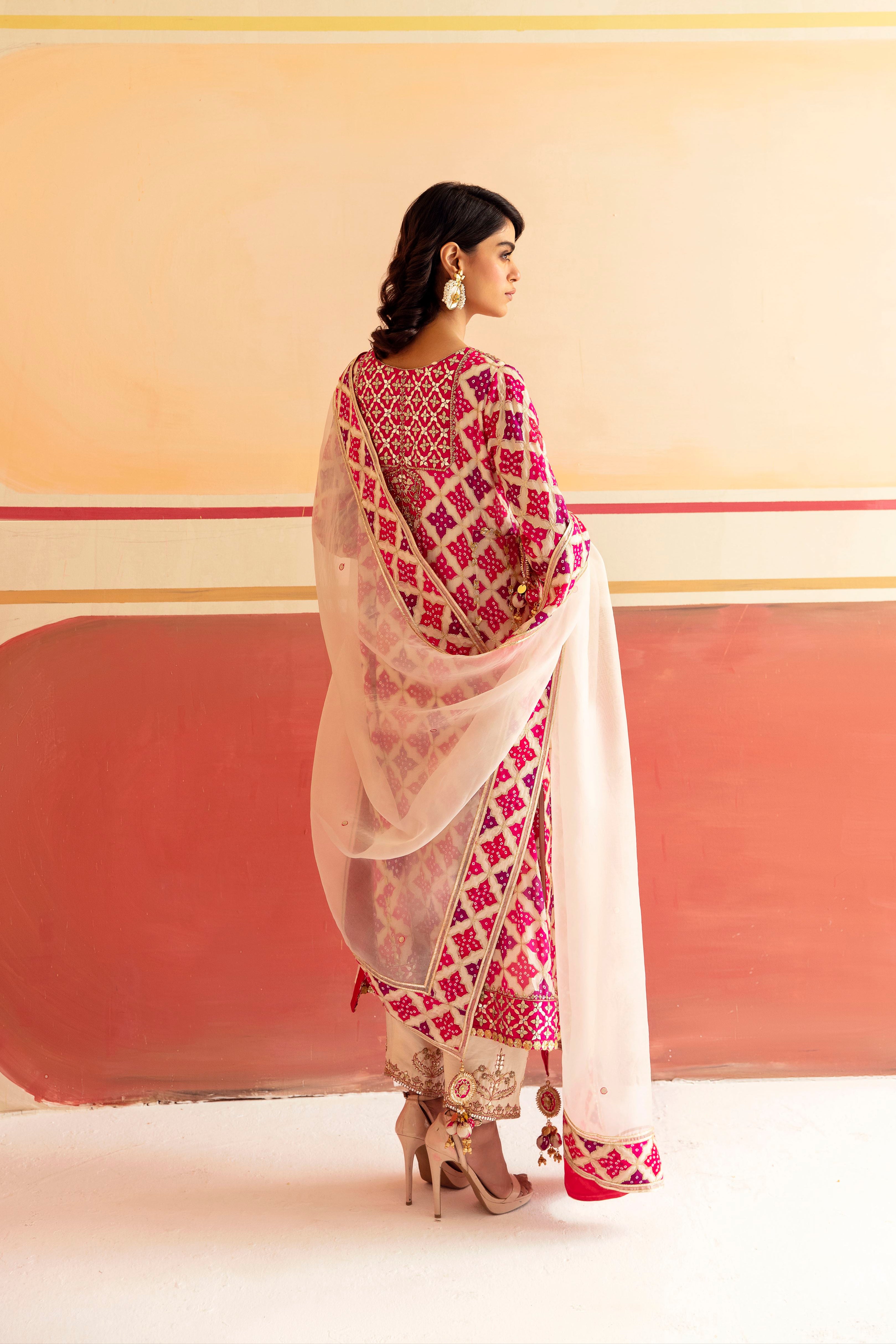 Ivory Pink Embroidered Chinon Silk Salwar Kameez (3-Piece) - Image 4