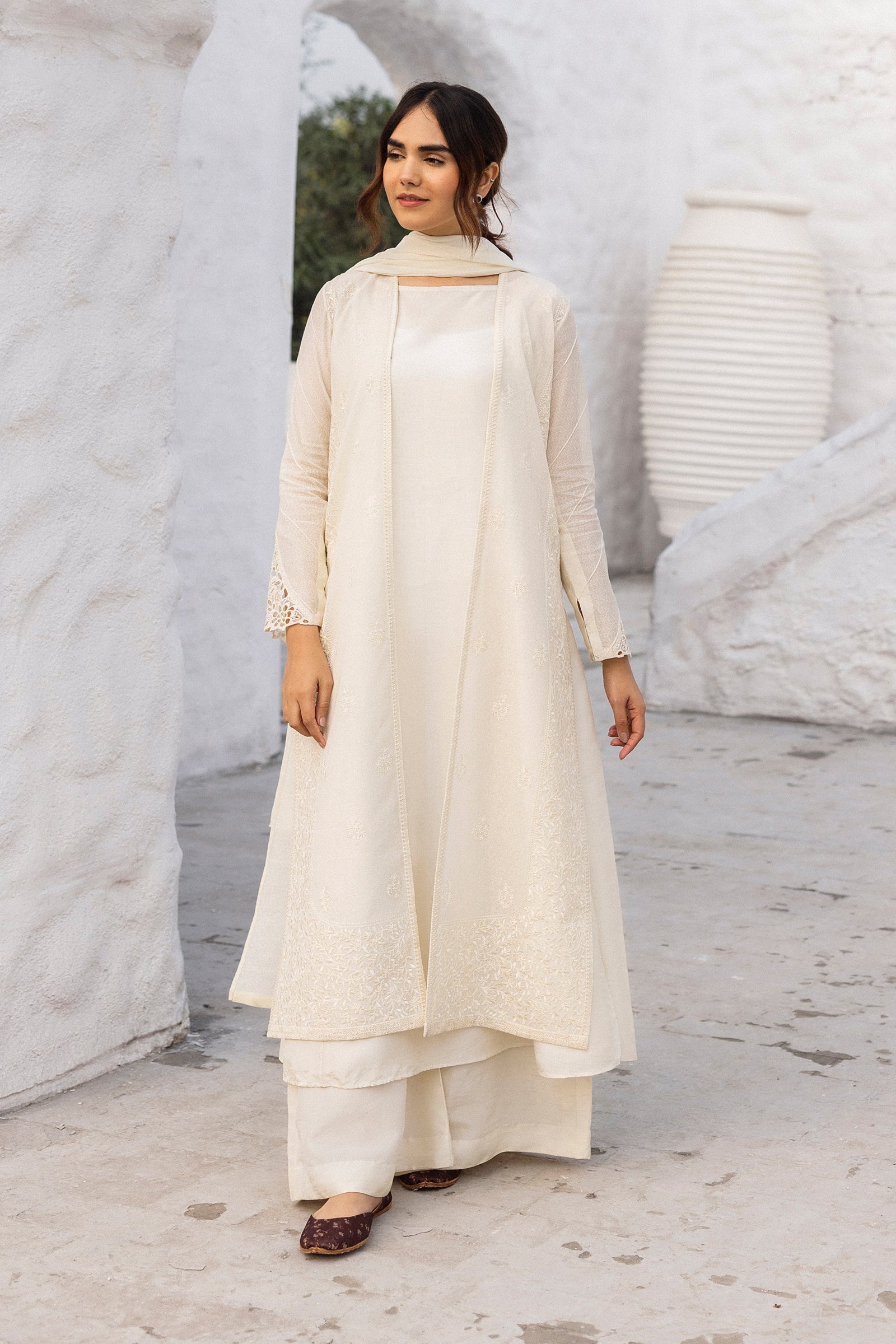 Ivory Embroidered Cotton Karandi Jacket Set (3-Piece) - Image 10