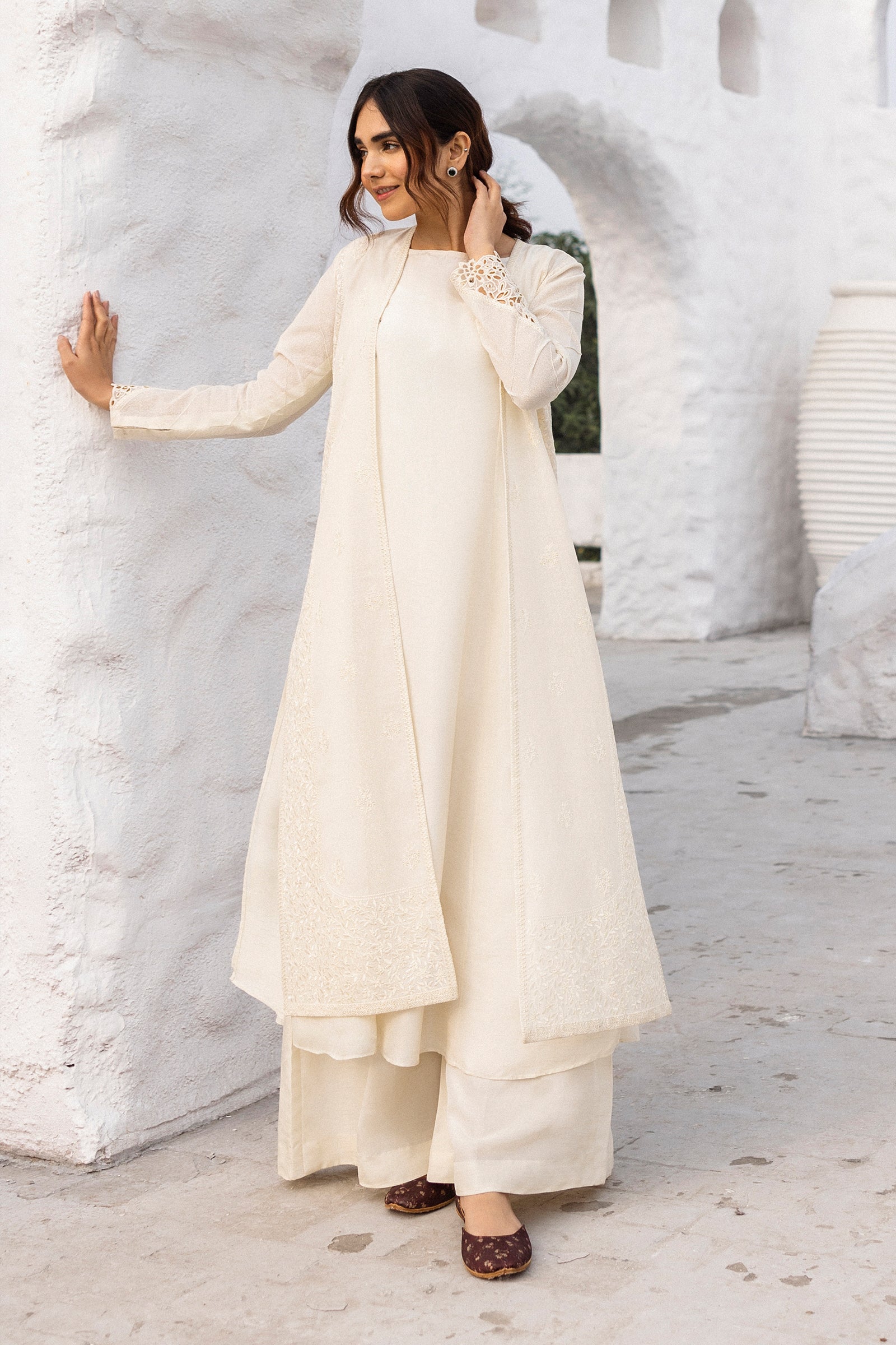 Ivory Embroidered Cotton Karandi Jacket Set (3-Piece) - Image 3