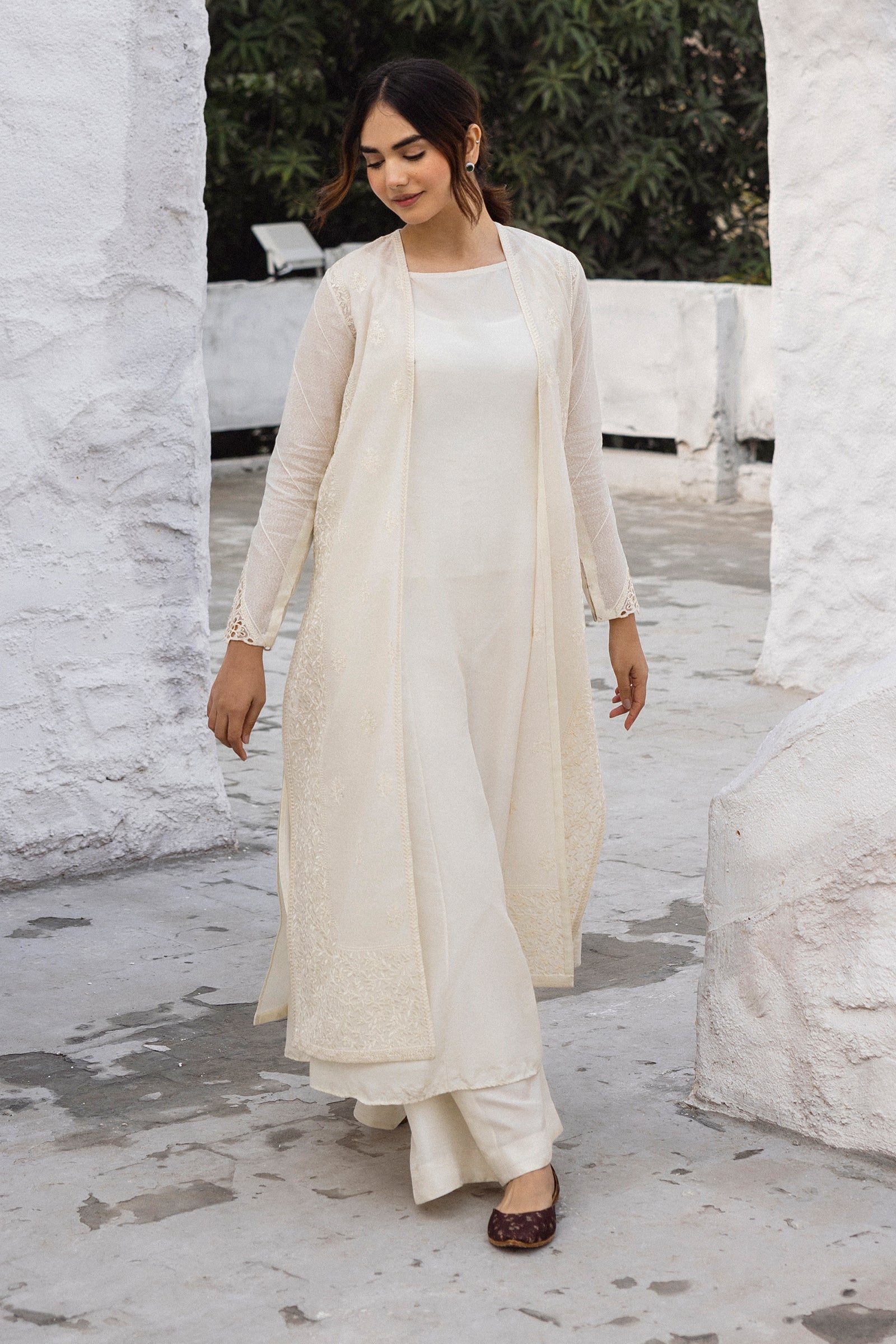 Ivory Embroidered Cotton Karandi Jacket Set (3-Piece) - Image 5