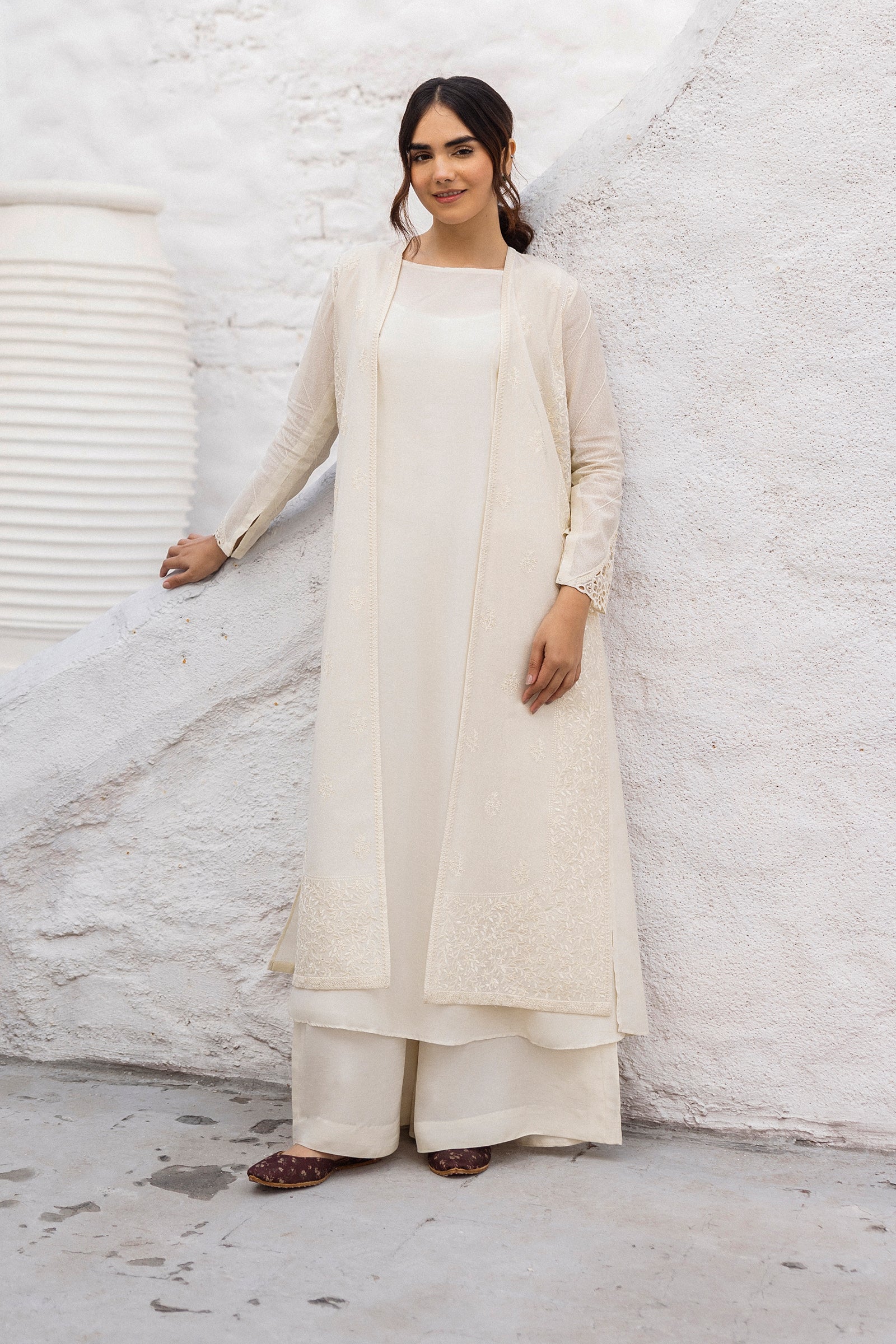 Ivory Embroidered Cotton Karandi Jacket Set (3-Piece) - Image 7