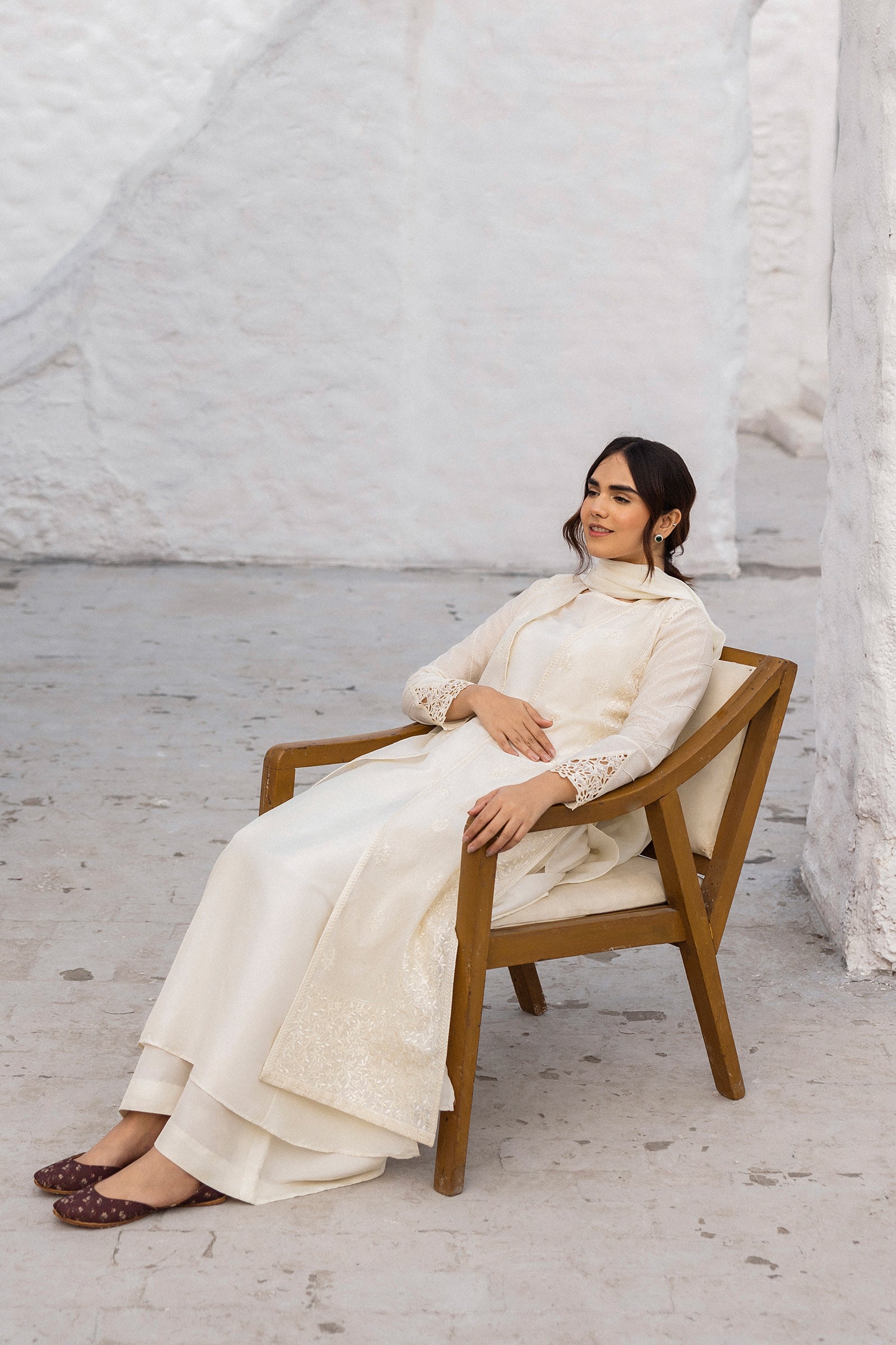 Ivory Embroidered Cotton Karandi Jacket Set (3-Piece) - Image 8