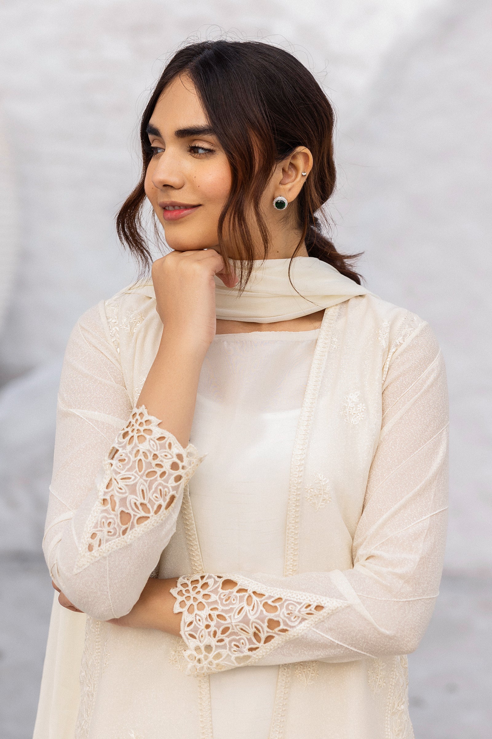 Ivory Embroidered Cotton Karandi Jacket Set (3-Piece) - Image 9