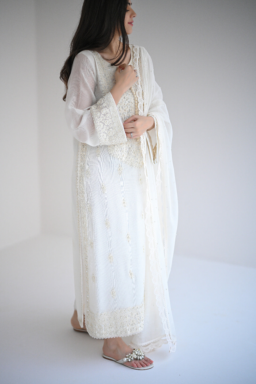 Ivory Ari Embroidered Cotton Net Salwar Kameez (3-Piece) - Image 9