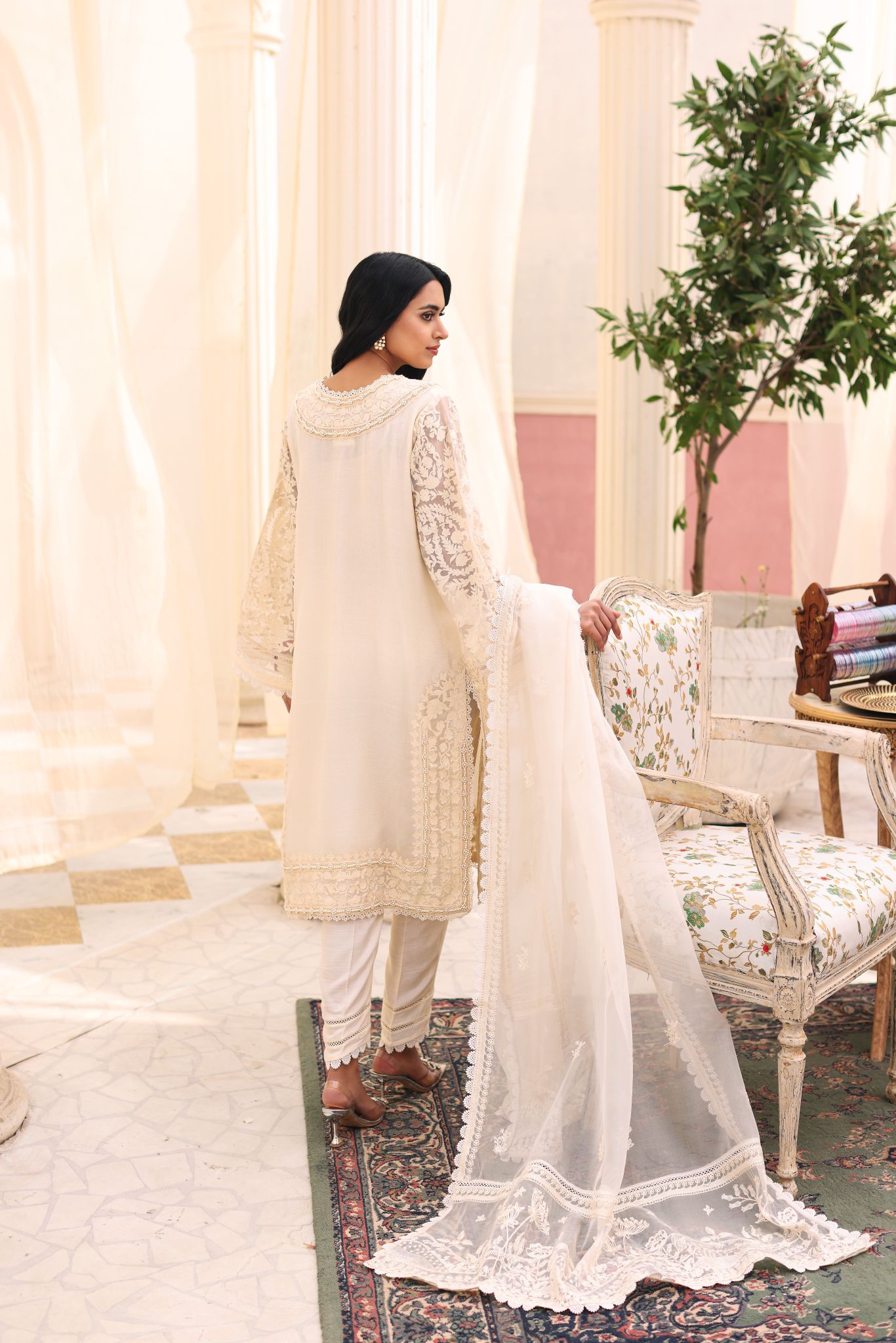 Pakistani Ivory Ari Embroidered Cotton Net Kameez (3-Piece) - Image 2