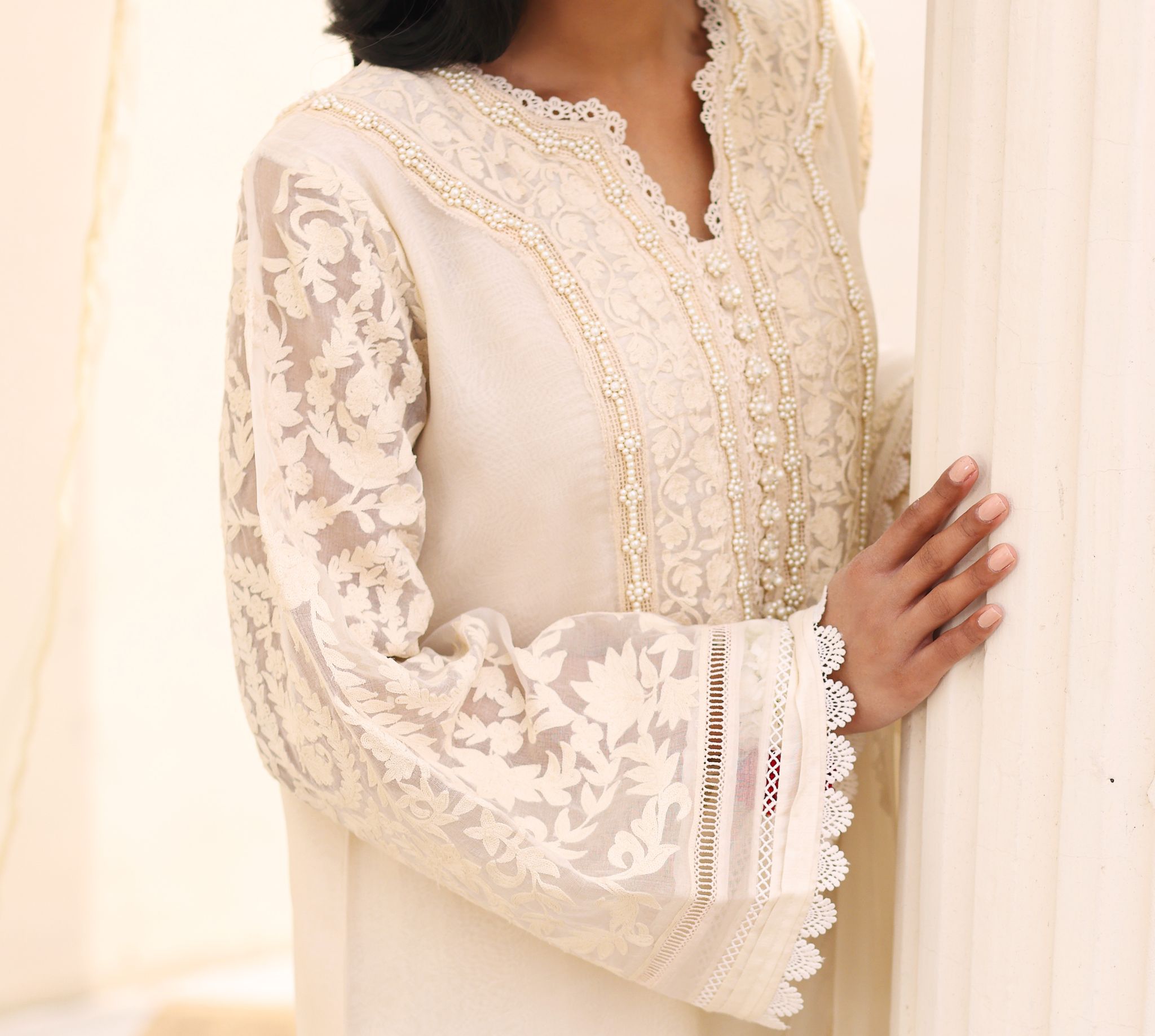 Pakistani Ivory Ari Embroidered Cotton Net Kameez (3-Piece) - Image 3