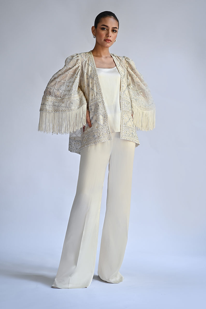 Ivory Embellished Cotton Net Jacket Set (3-Piece) - Image 1