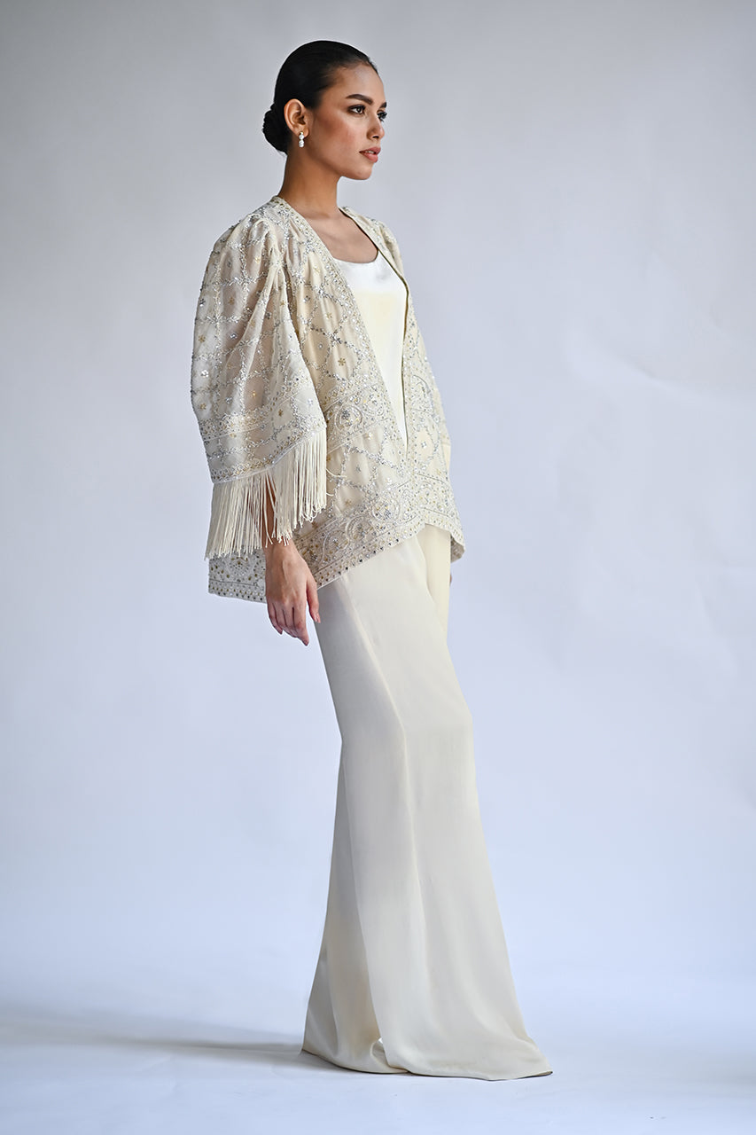 Ivory Embellished Cotton Net Jacket Set (3-Piece) - Image 2