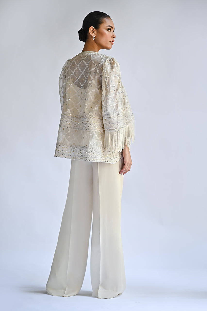 Ivory Embellished Cotton Net Jacket Set (3-Piece) - Image 3