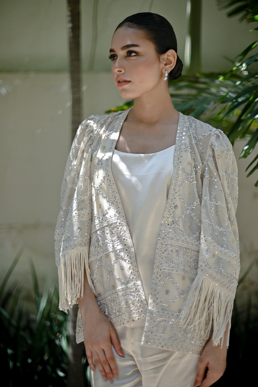 Ivory Embellished Cotton Net Jacket Set (3-Piece) - Image 5