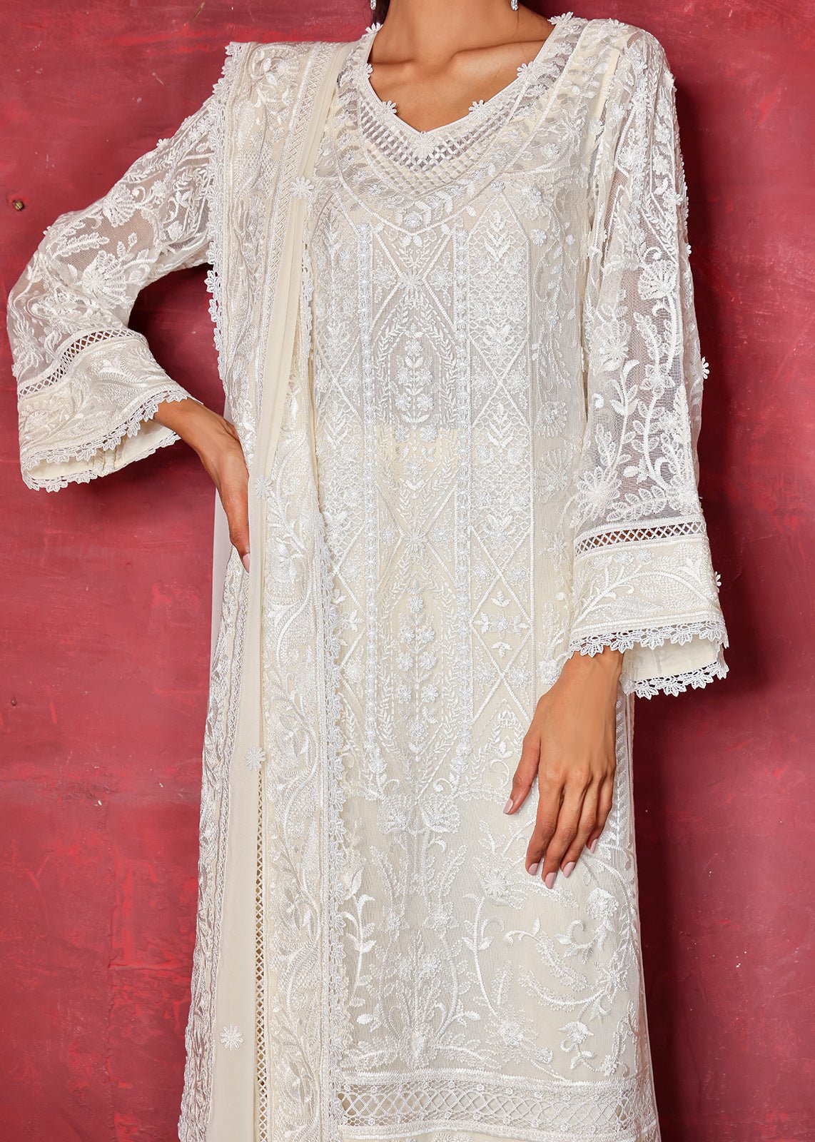 Pakistani Off-White Chikan Embroidered Cotton Net Kurta (2-Piece) - Image 2