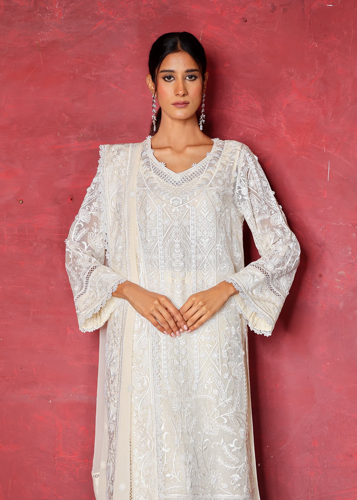 Pakistani Off-White Chikan Embroidered Cotton Net Kurta (2-Piece) - Image 3