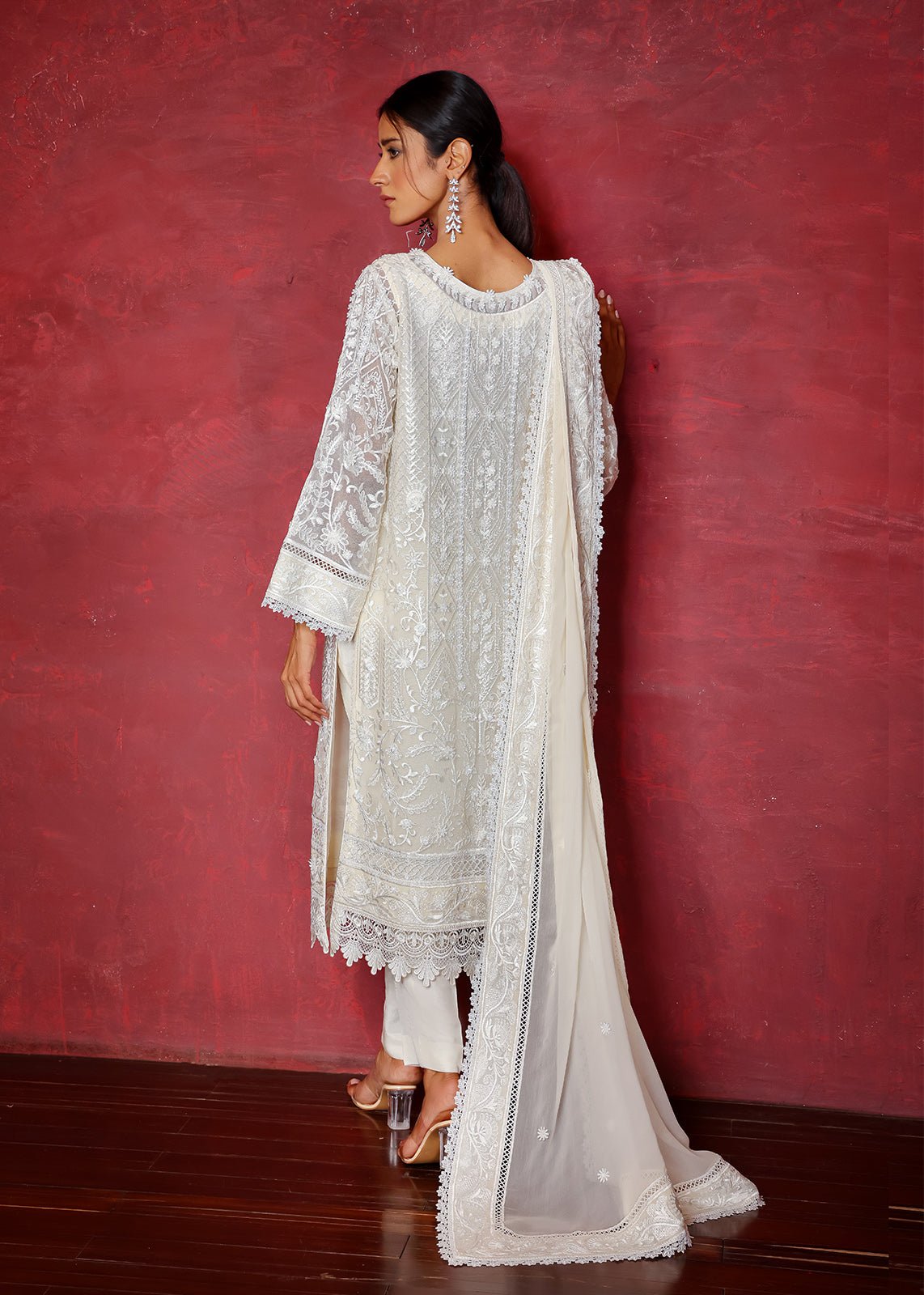Pakistani Off-White Chikan Embroidered Cotton Net Kurta (2-Piece) - Image 4
