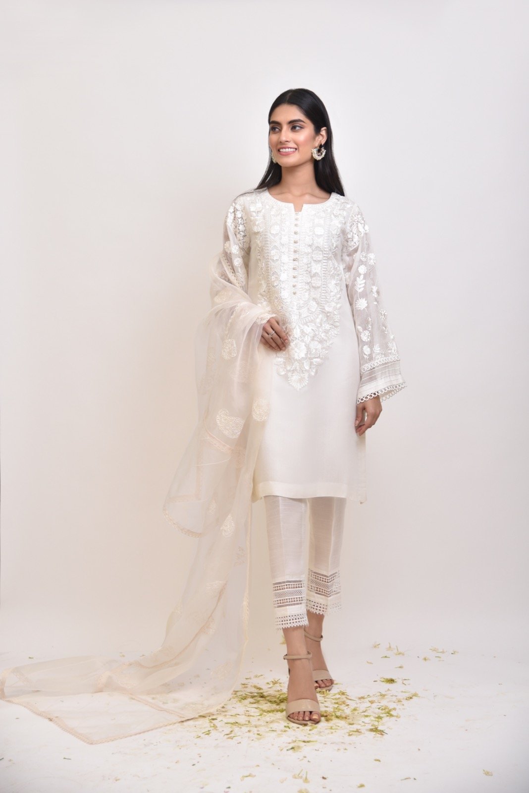 Ivory Embroidered Cotton Net Salwar Kameez (3-Piece) - Image 1