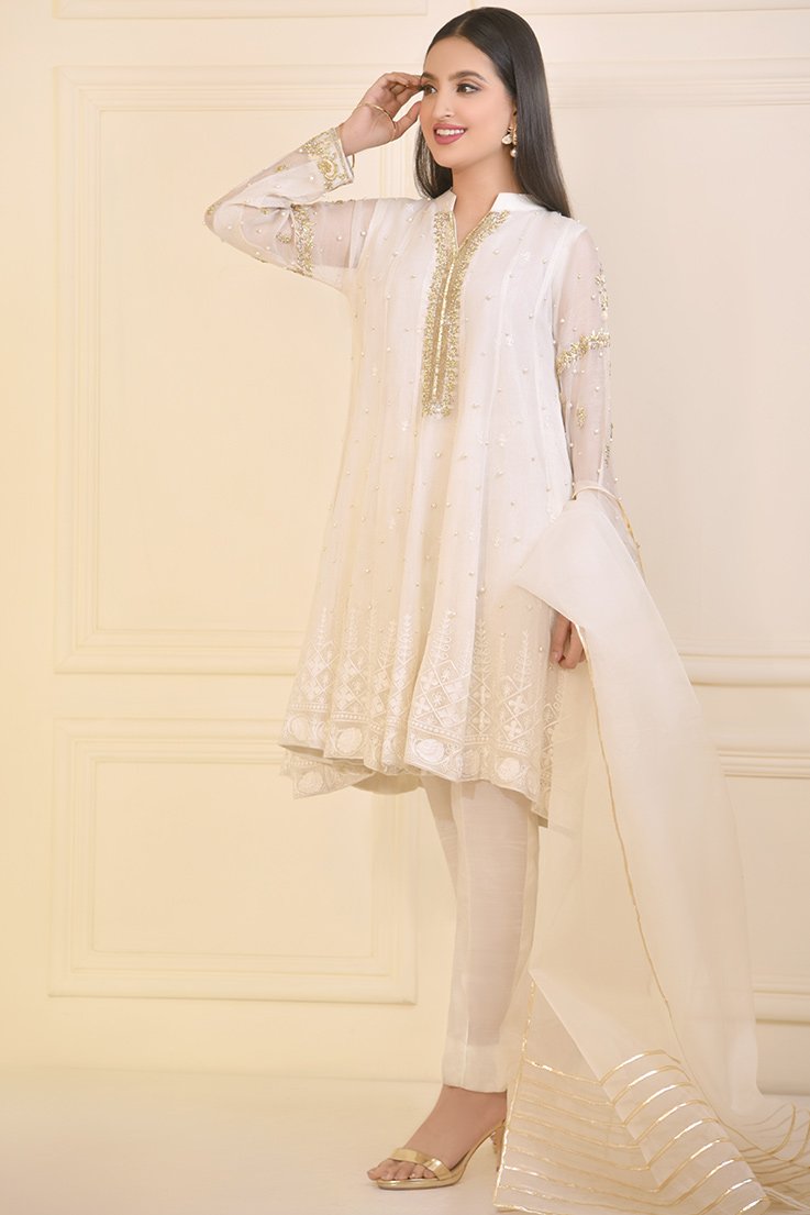 Ivory Gold Zardosi Cotton Net Salwar Kameez (3-Piece) - Image 1
