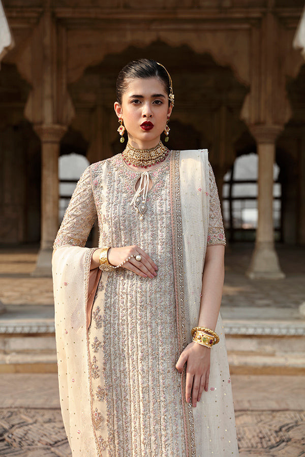 Pakistani Ivory Hand-Embroidered Cotton Net & Raw Silk Kameez (3-Piece) - Image 1