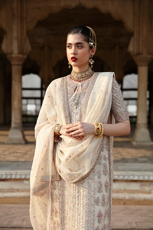 Pakistani Ivory Hand-Embroidered Cotton Net & Raw Silk Kameez (3-Piece) - Image 3