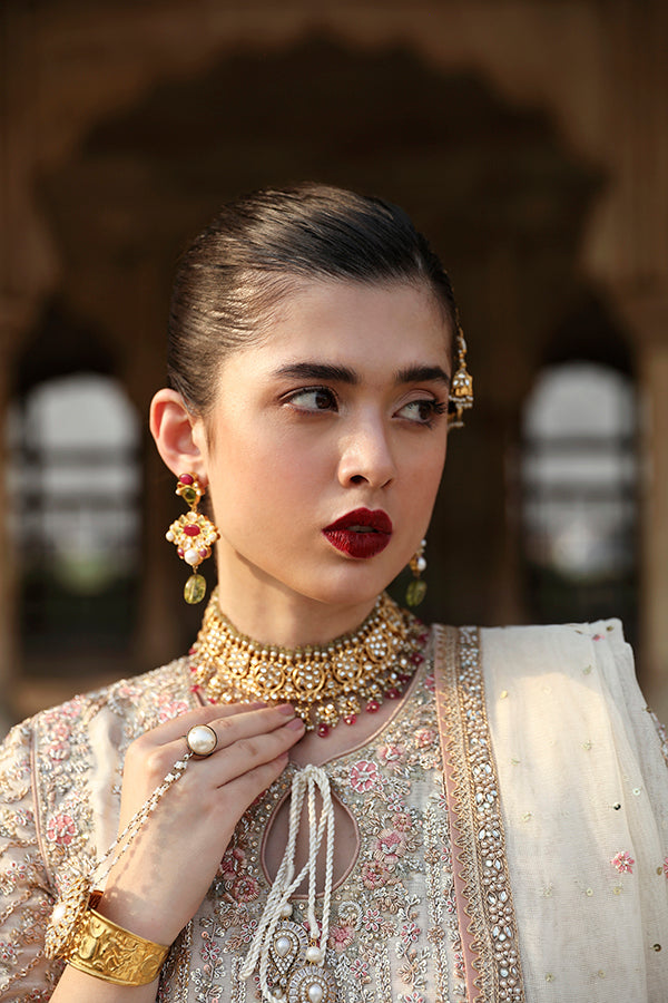 Pakistani Ivory Hand-Embroidered Cotton Net & Raw Silk Kameez (3-Piece) - Image 5