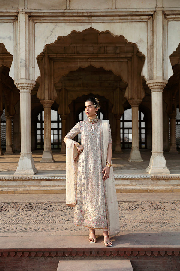 Pakistani Ivory Hand-Embroidered Cotton Net & Raw Silk Kameez (3-Piece) - Image 6