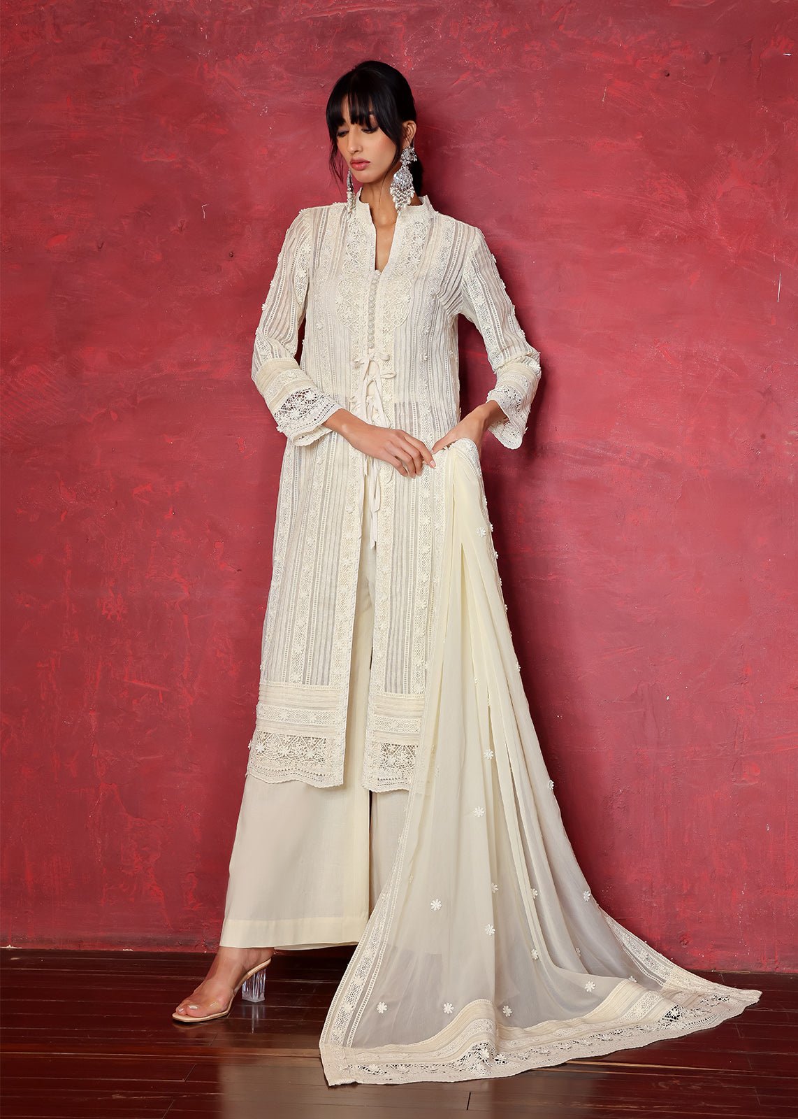 Pakistani Off White Lace Cotton Net Salwar Kameez (3-Piece) - Image 1