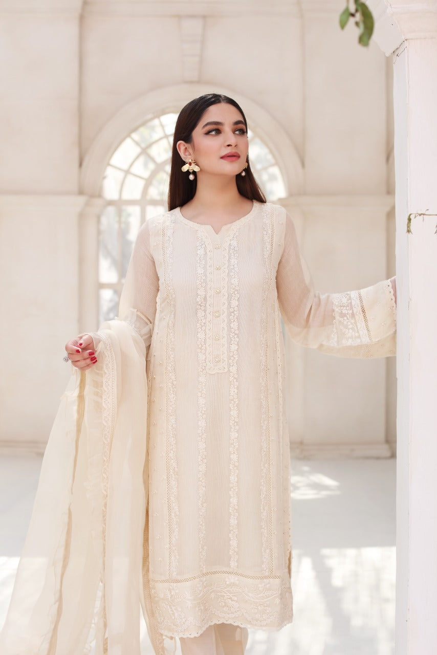 Pakistani Ivory Pearl Embroidered Cotton Net Salwar Kameez (3-Piece) - Image 1