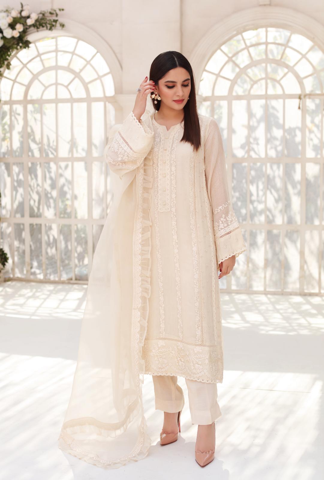 Pakistani Ivory Pearl Embroidered Cotton Net Salwar Kameez (3-Piece) - Image 4
