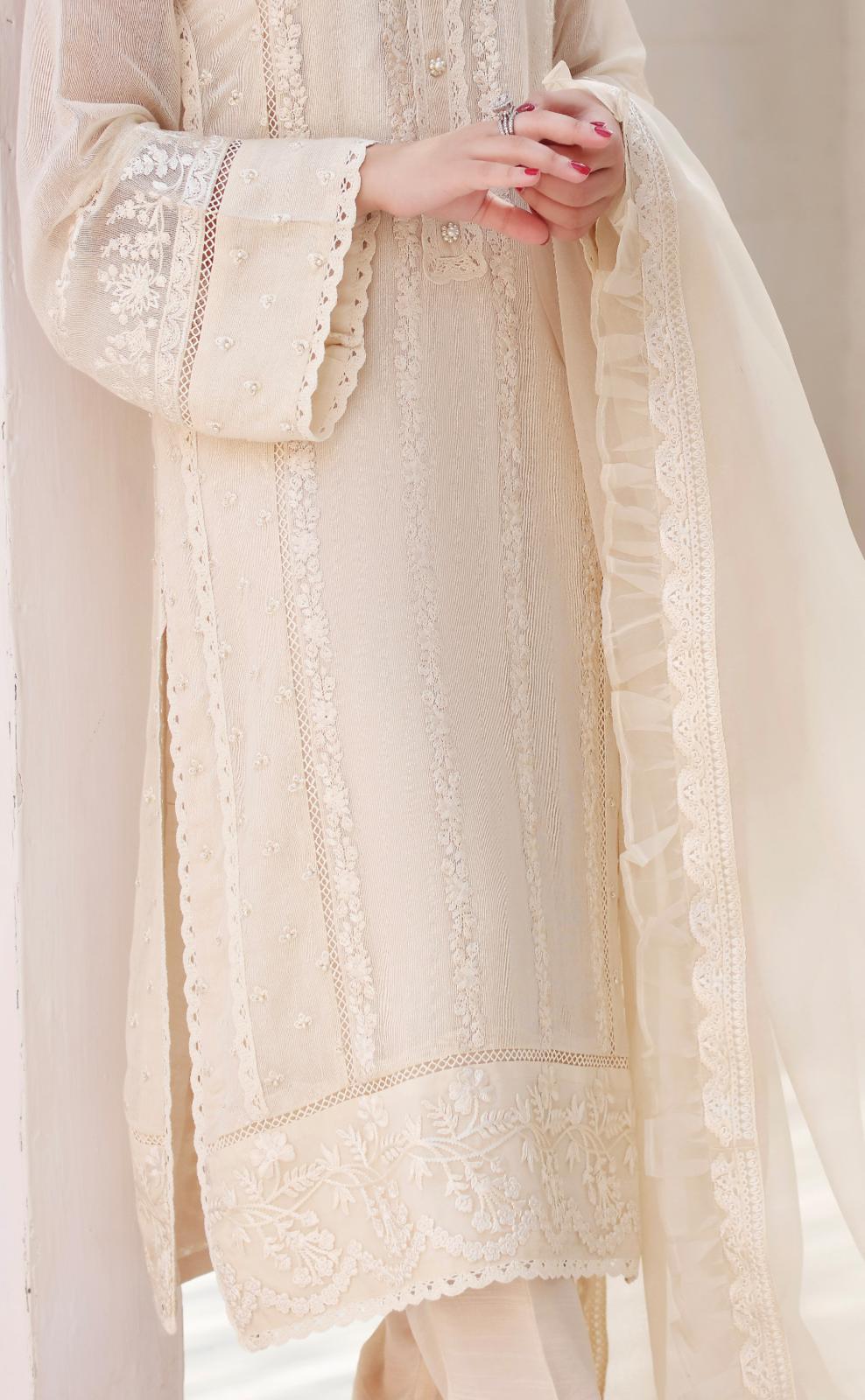 Pakistani Ivory Pearl Embroidered Cotton Net Salwar Kameez (3-Piece) - Image 5