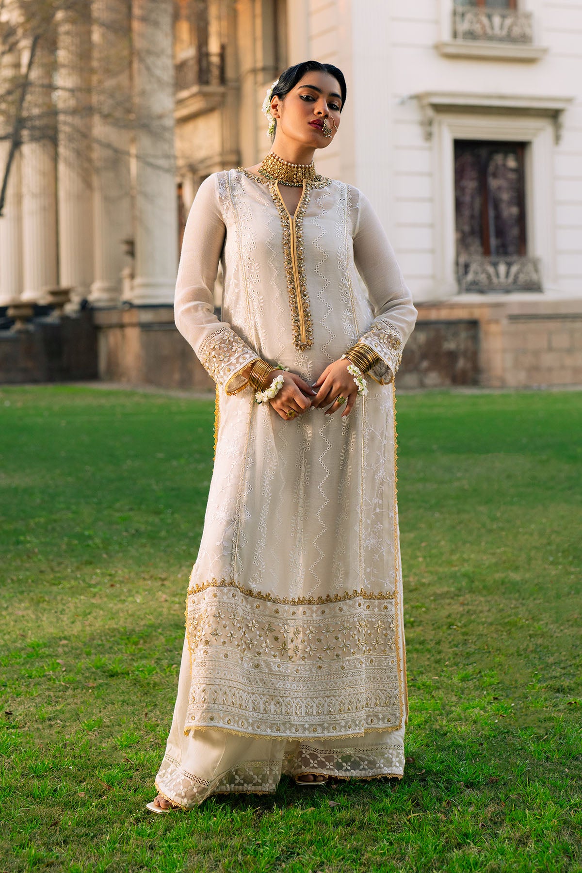 Pakistani Off-White Embroidered Cotton Net A-Line Shirt (3-Piece) - Image 1