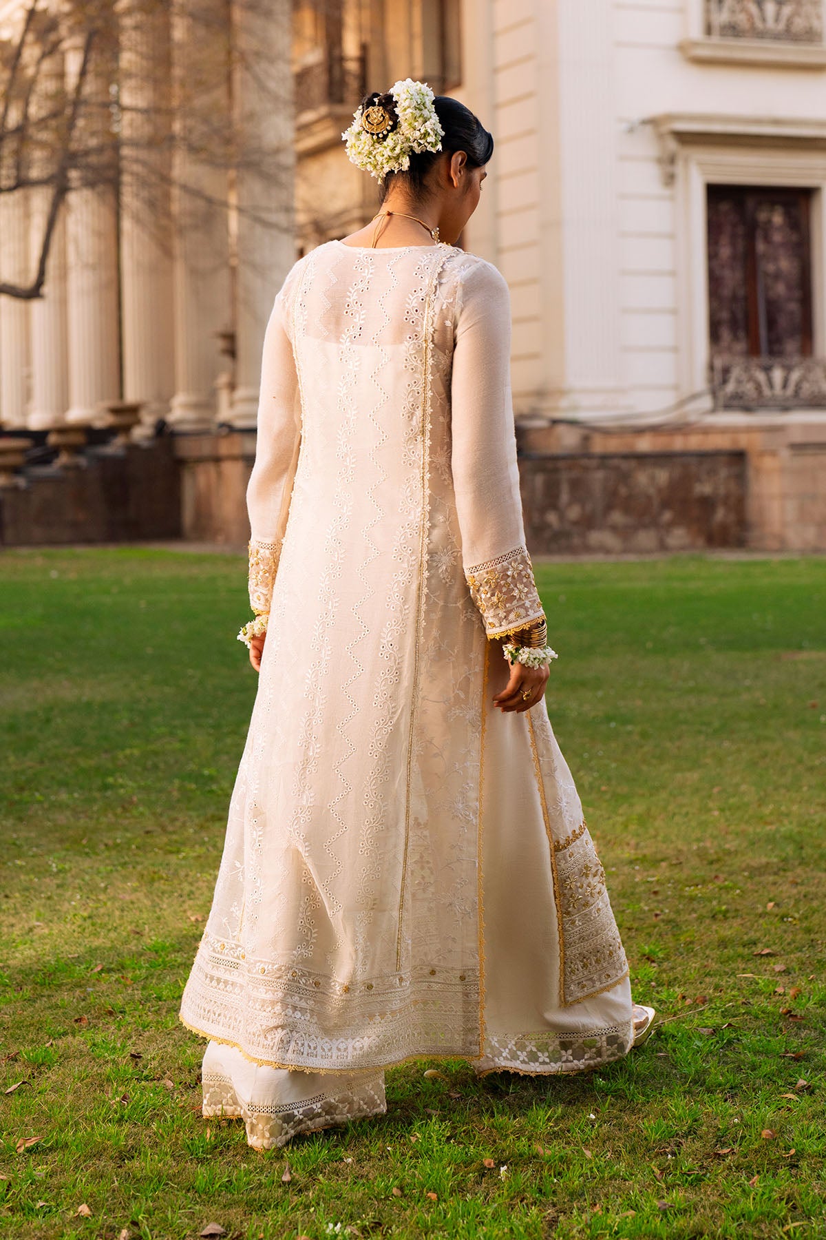 Pakistani Off-White Embroidered Cotton Net A-Line Shirt (3-Piece) - Image 2