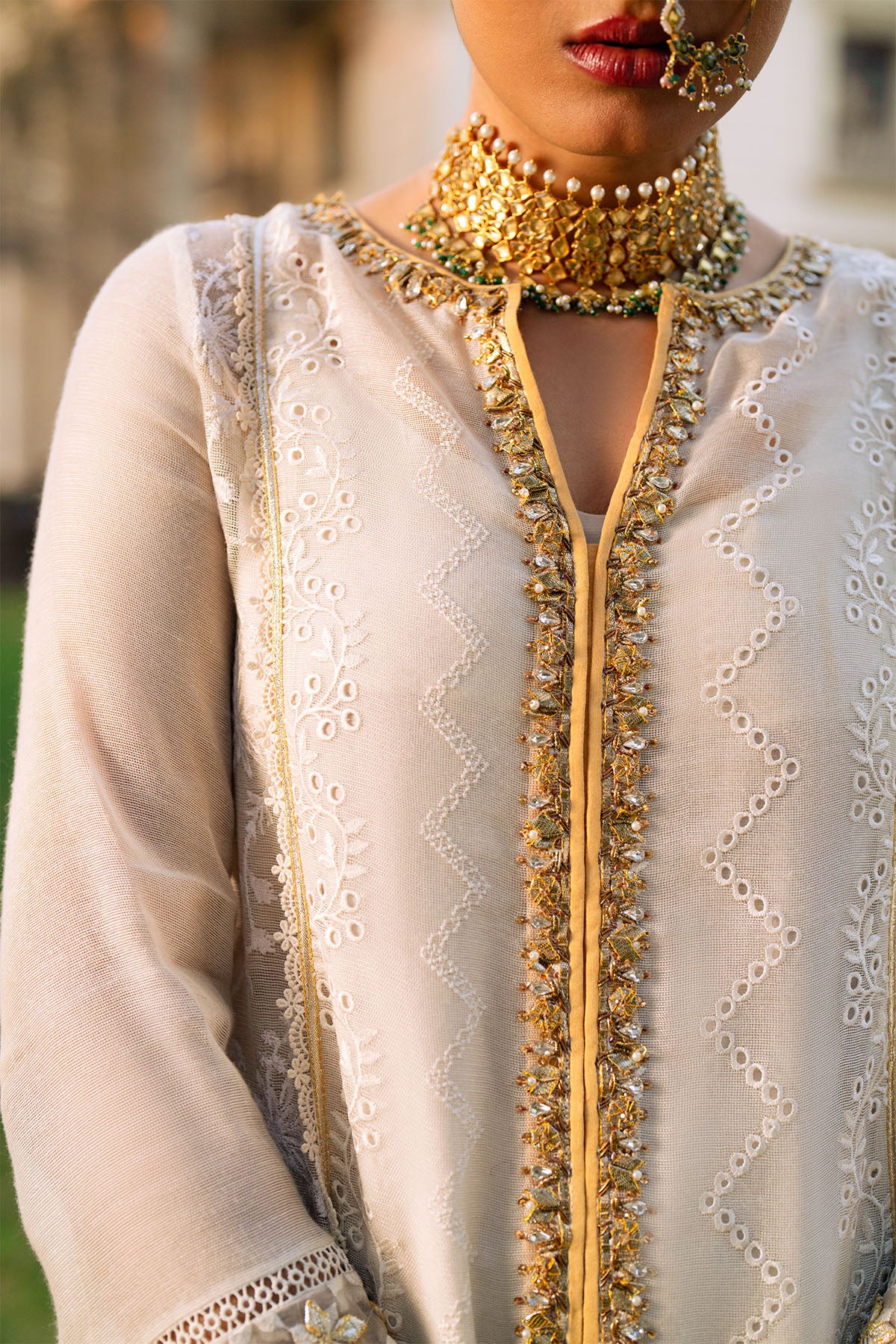 Pakistani Off-White Embroidered Cotton Net A-Line Shirt (3-Piece) - Image 3