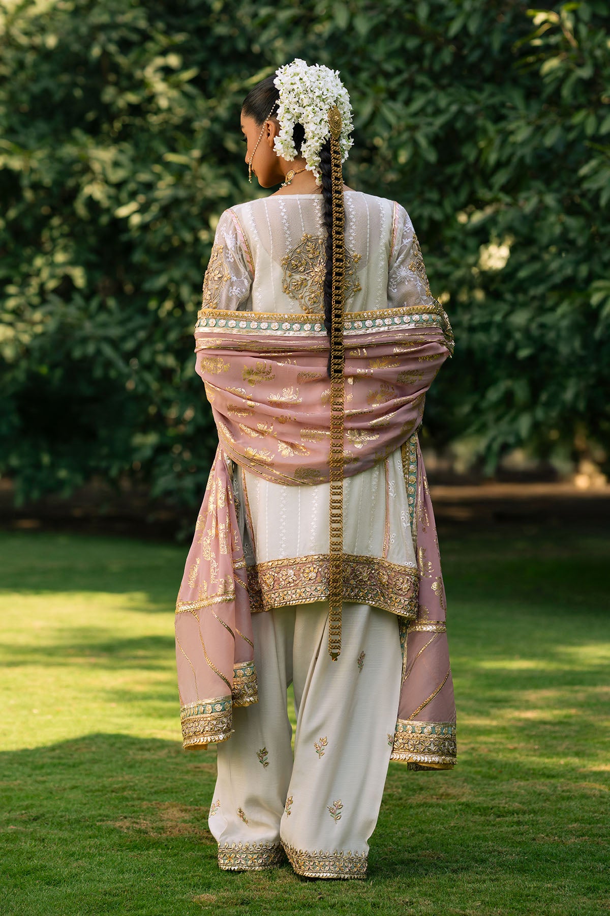Off-White Resham & Gota Cotton Net Salwar Kameez (2-Piece) - Image 3