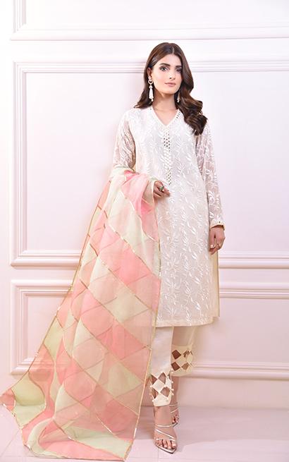 Pakistani Ivory Sheesha Work Cotton Net Salwar Kameez (3-Piece) - Image 1